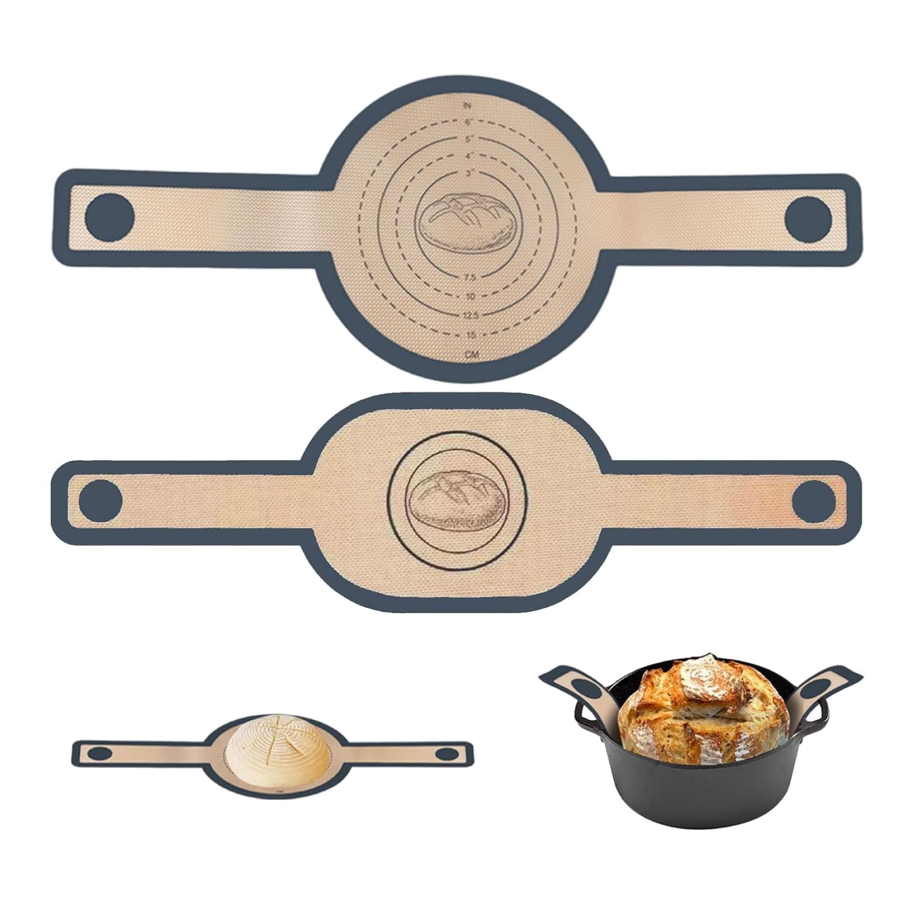 Silicone Bread Sling for Dutch Oven, 2-Pack Oval & Round Non-Stick Baking Mat with Extra-Long Handles, Reusable Heat-Resistant Silicone Bread Lifter for Sourdough Bread Making