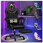 ALFORDSON Silla Gaming con Masaje, reposapiés y Soporte Lumbar, reclinable 150°, Respaldo Alto para Gaming y Oficina, Capacidad de 180 kg, Cuero sintético, Negro