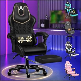 ALFORDSON Silla Gaming con Masaje, reposapiés y Soporte Lumbar, reclinable 150°, Respaldo Alto para Gaming y Oficina, Capacidad de 180 kg, Cuero sintético, Negro