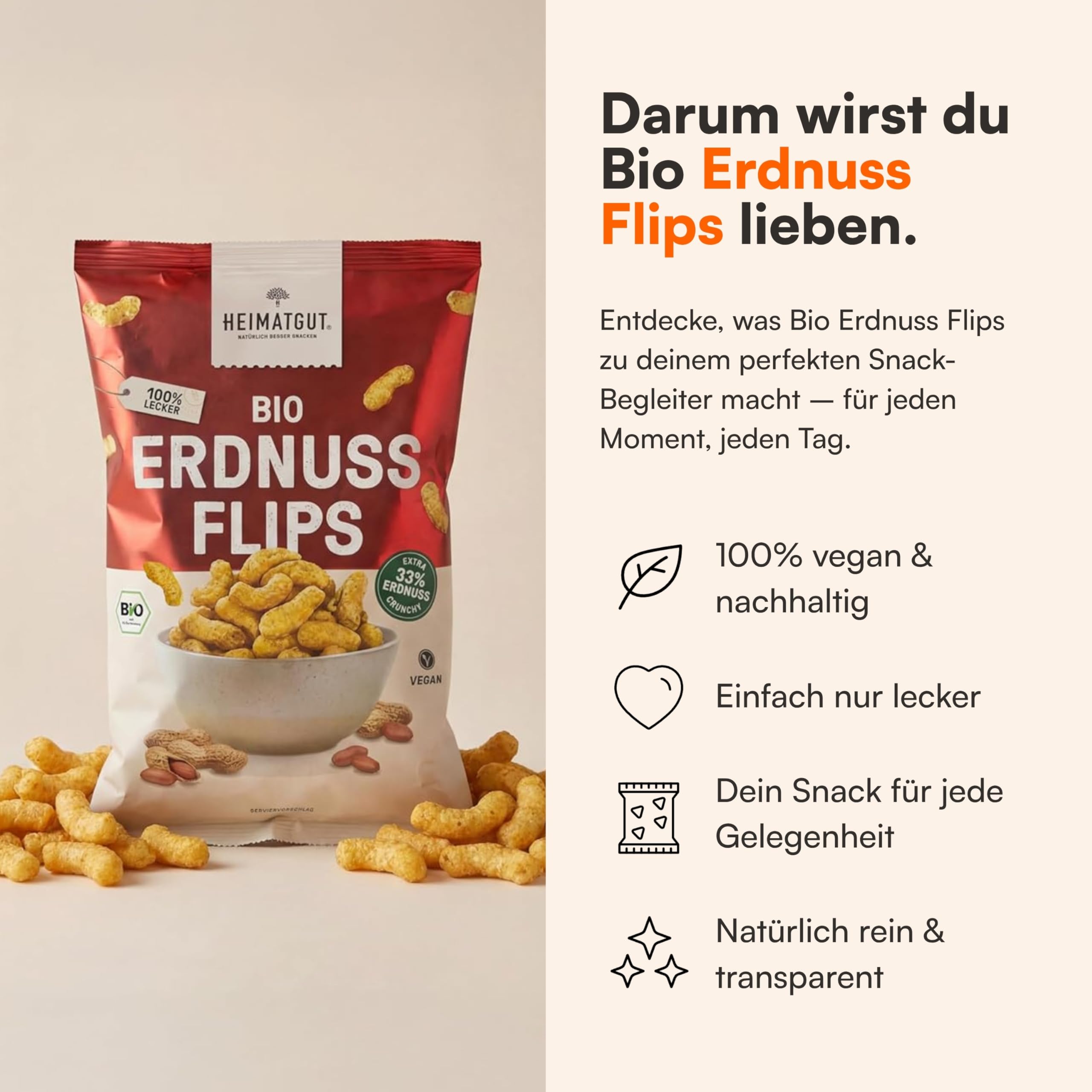 HEIMATGUT Bio Erdnussflips - Im Ofen gebacken statt frittiert - 100% Bio & Vegan - Mit 33% gerösteten Erdnüssen - Proteinquelle - Ohne künstliche Zusätze - 123 kcal pro Portion (14 x 125g)
