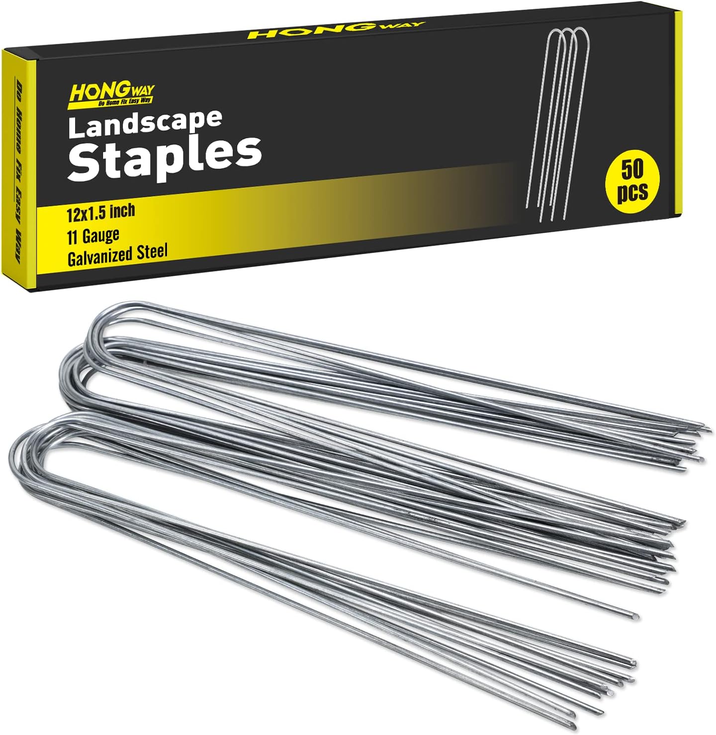 HongWay 50 Pack Landscape Staples 12 Inch 11 Gauge Stakes, Galvanized Garden Staple