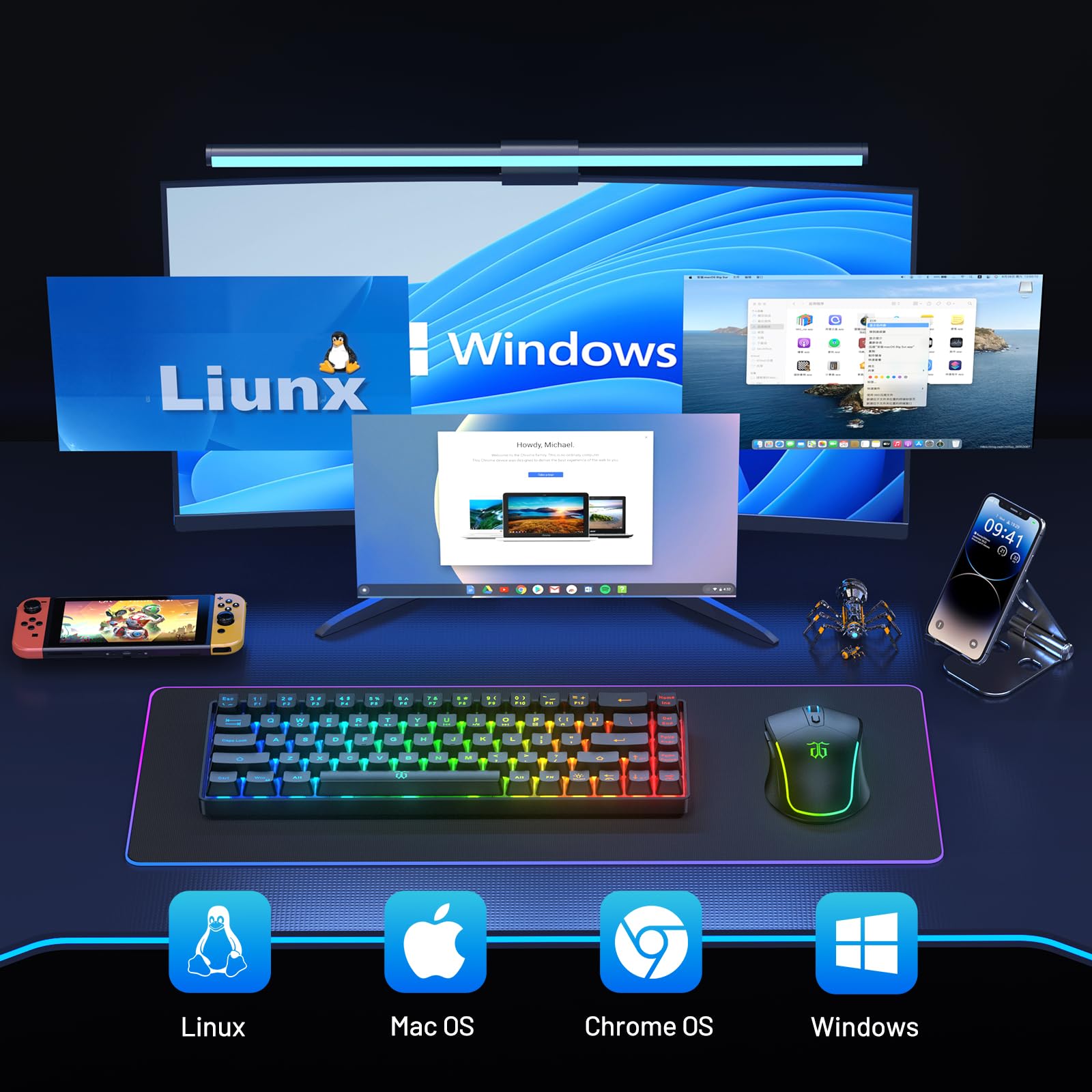Snpurdiri - Combo de teclado y mouse para juegos 60% inalámbrico, batería recargable con retroiluminación LED de 2000 mAh, teclado de membrana pequeña pero sensación mecánica + ratones RGB populares