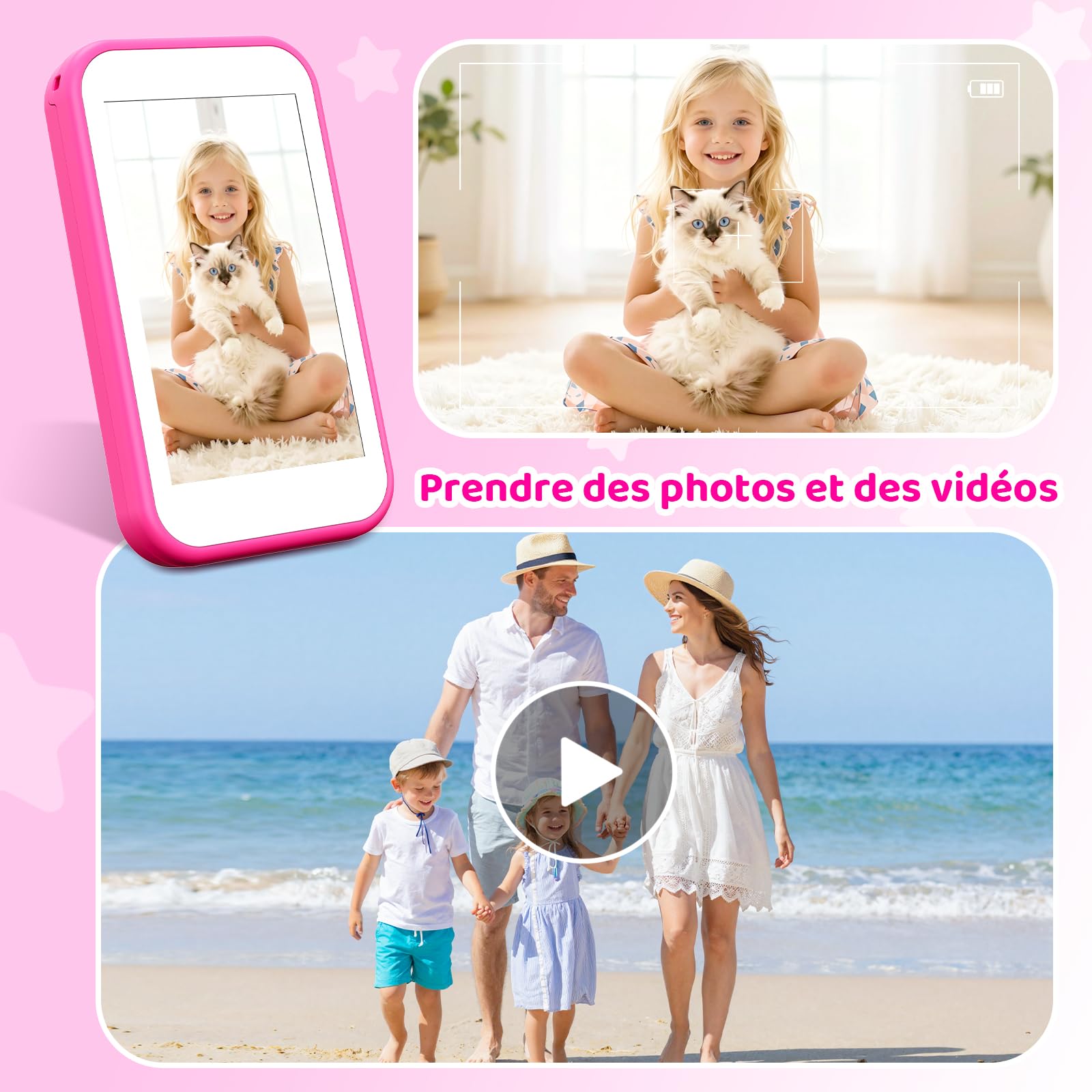 CHAKEYAKE Téléphone Enfant, Smartphone Enfant Mini sans Abonnement, Écran Tactile HD 3,5", Appareil Photo, Jeux Éducatifs, Batterie 1000 mAh, USB-C, Cadeau Noël & Anniversaire Enfants 3-12, Rose