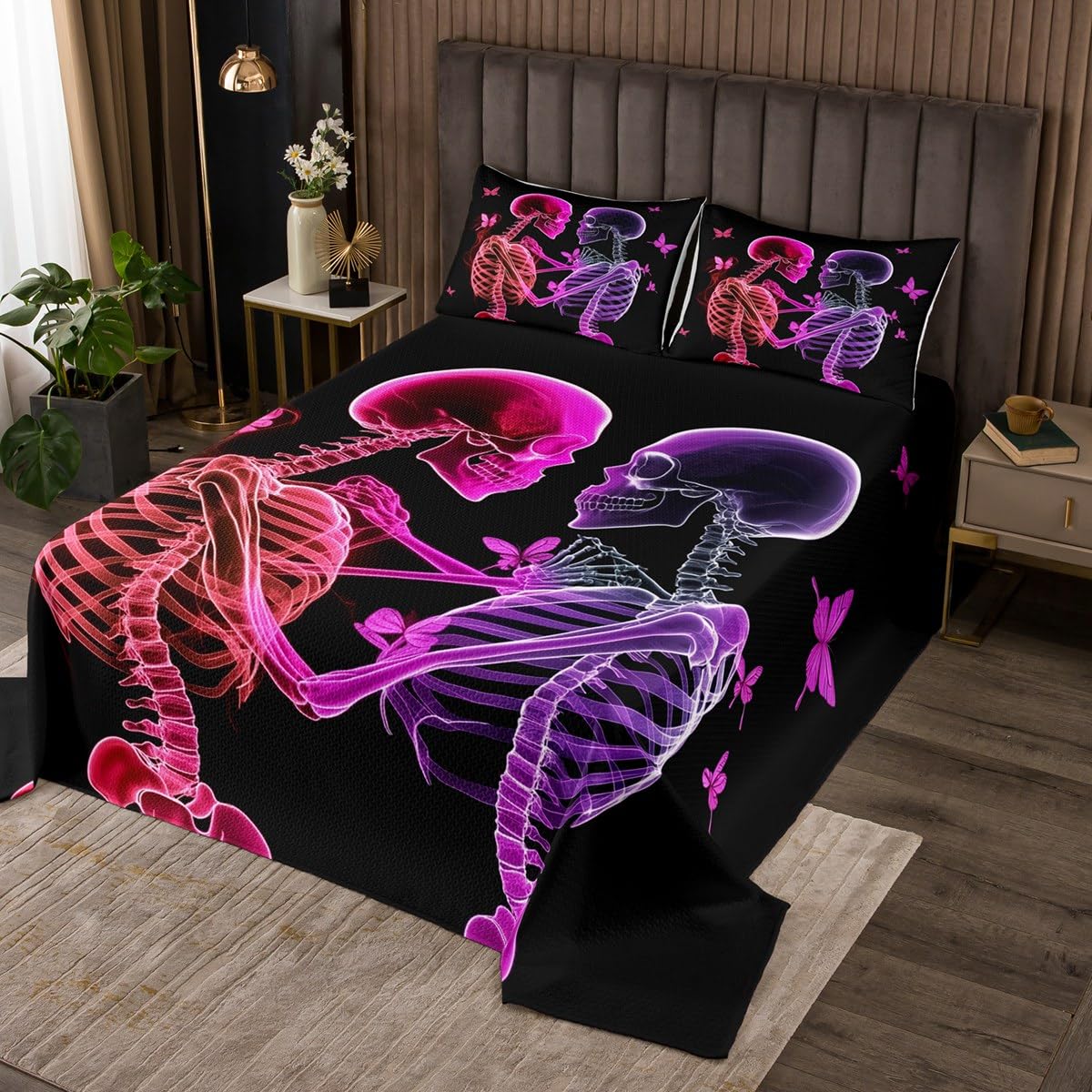 Homewish Skull Skeleton Bedspread,Death Couple Romantic Gothic Style Bedding Sets for Kids Teens Adullts,Dreamy Wild Butterfly Decor Coverlet Set with 1 Pillowcase,Twin Size 2 Pcs