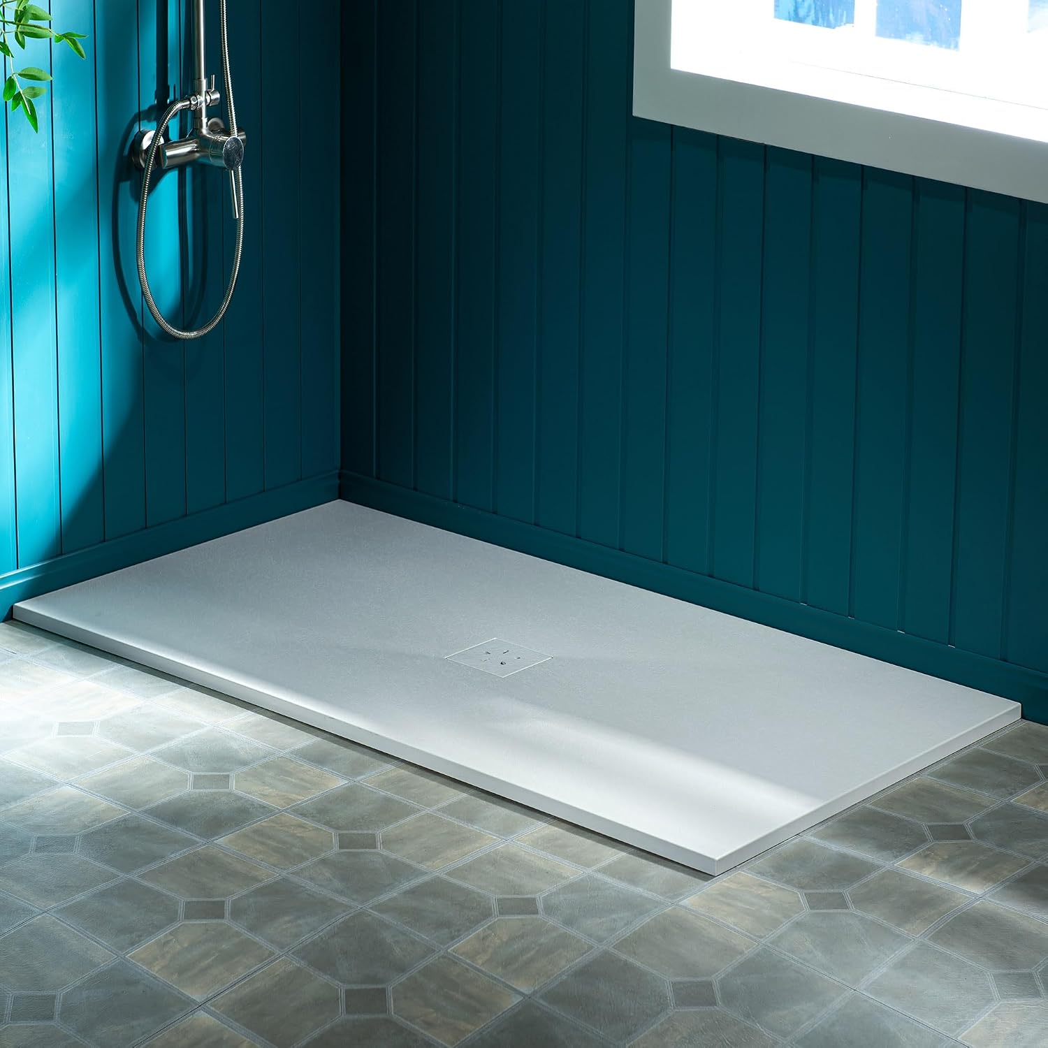woodbridge 60" l x 32" w zero-threshold shower base for wheelchair access, low-profile non-slip design with center drain, matching decorative drain plate and tile flange, white white 60"x32"