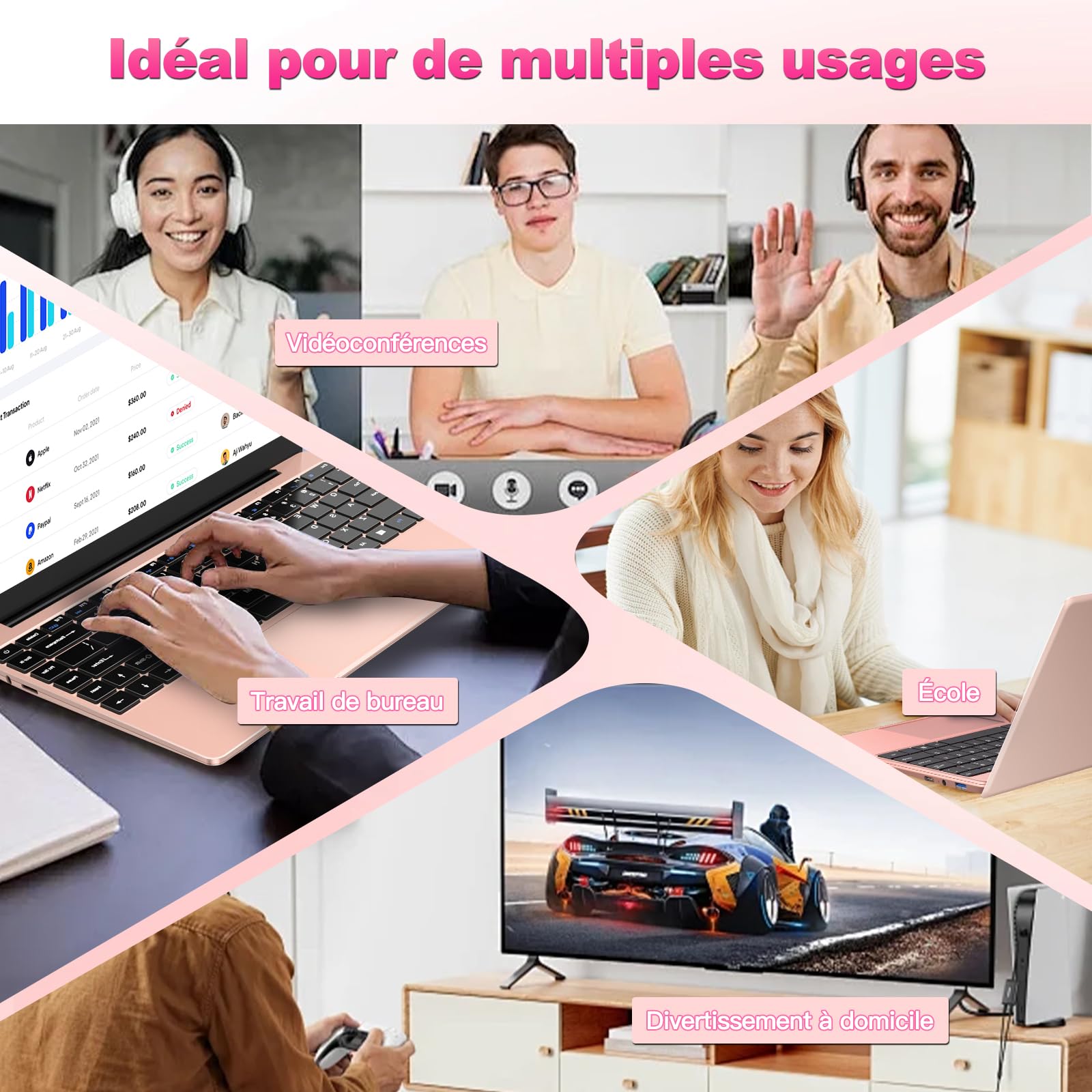 bvate Ordinateur Portable 14" 256 Go Win 11 N4020 Support Expansion 1 to SSD 1080P 2.4G+5G WiFi Mini HDMI & Souris sans Fil et Un Film de Clavier AZERTY pour Clavier - Or Rose