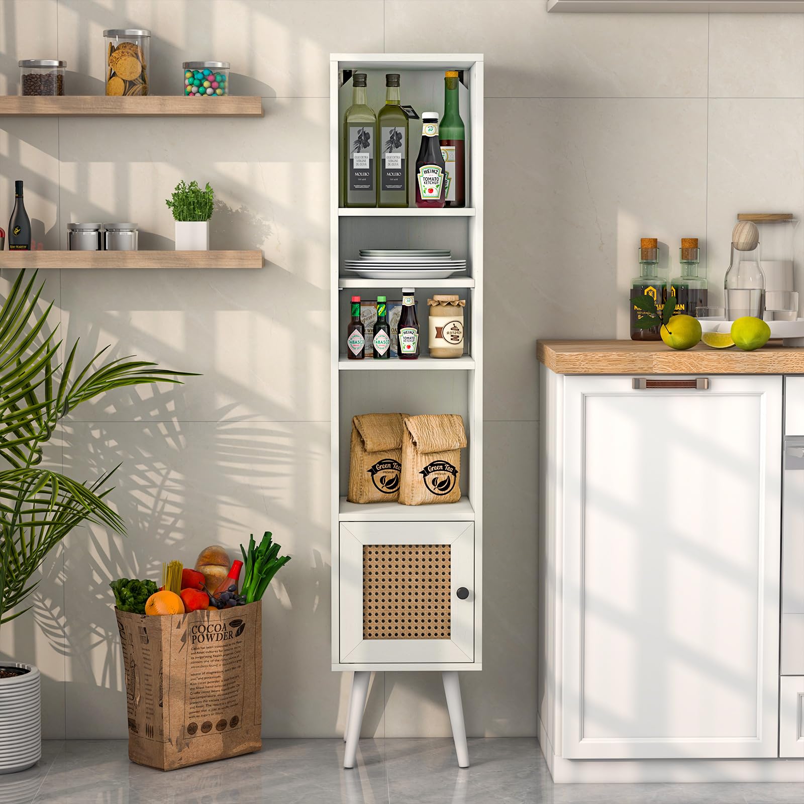 COSTWAY Meuble Colonne de Rangement avec Porte Rotin et Pieds en Bois Massif, Meuble de Salle de Bain Étagère Réglable, Style Bohème, pour Salon, Cuisine, Chambre, 29,5x29,5x137cm (Blanc)