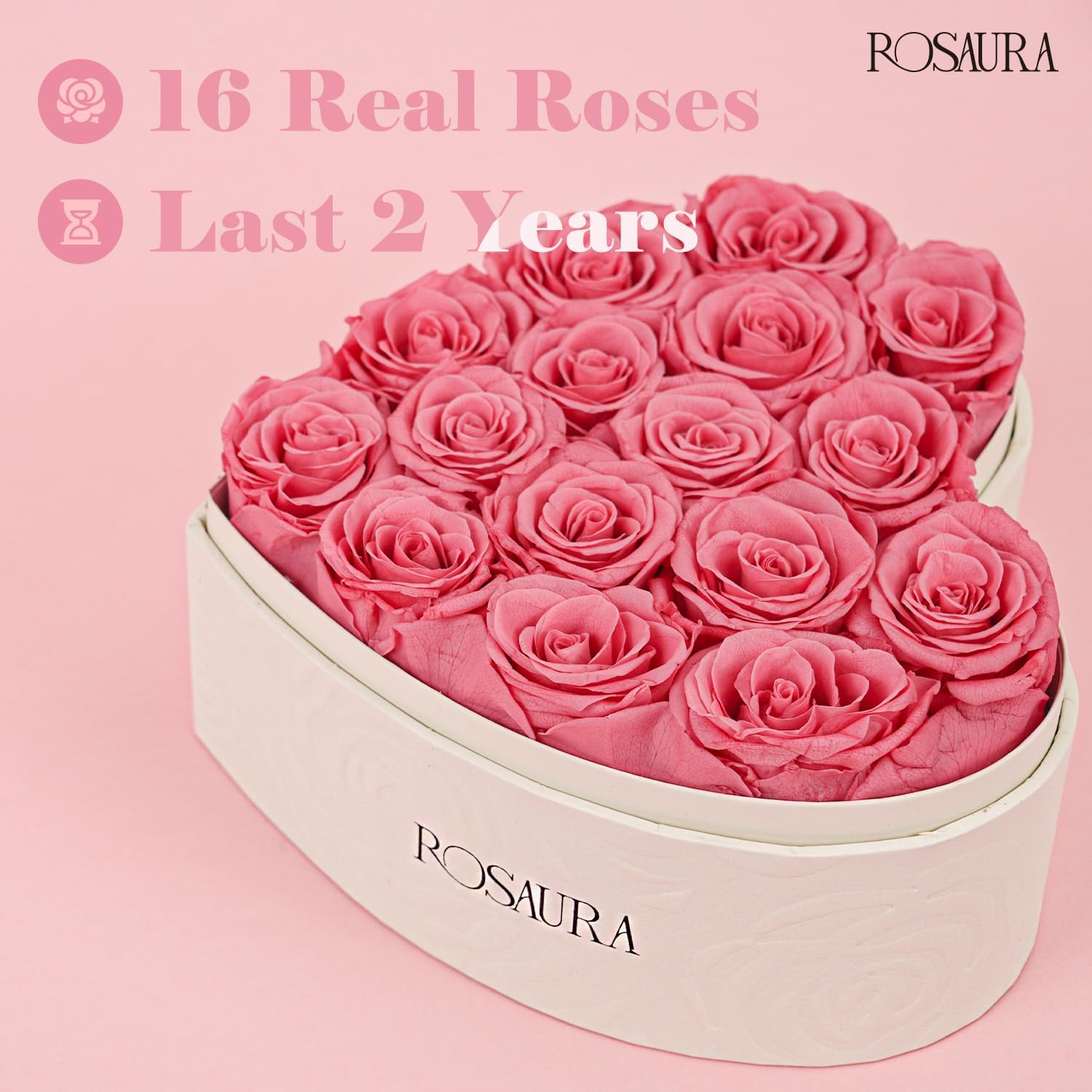 Rosaura Heart-Shaped Preserved Roses Gift Box - Real Forever Flowers for Christmas, Birthday, Valentine's & Mother's Day (pink, 16 roses)