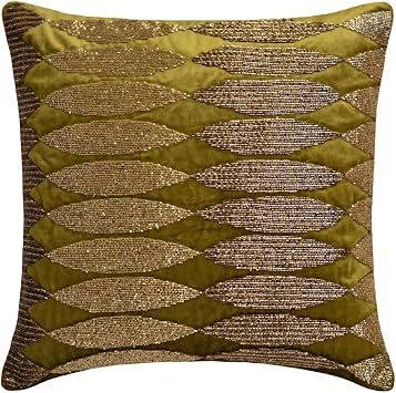The HomeCentric Cushion Covers for Couch, Green & Gold Pack of 2, 20x20 inch 50x50 cm Accent Cushion Covers, Velvet Beaded Throw Pillows for Sofa, Geometric Modern Style Easter - Velvet Toppings