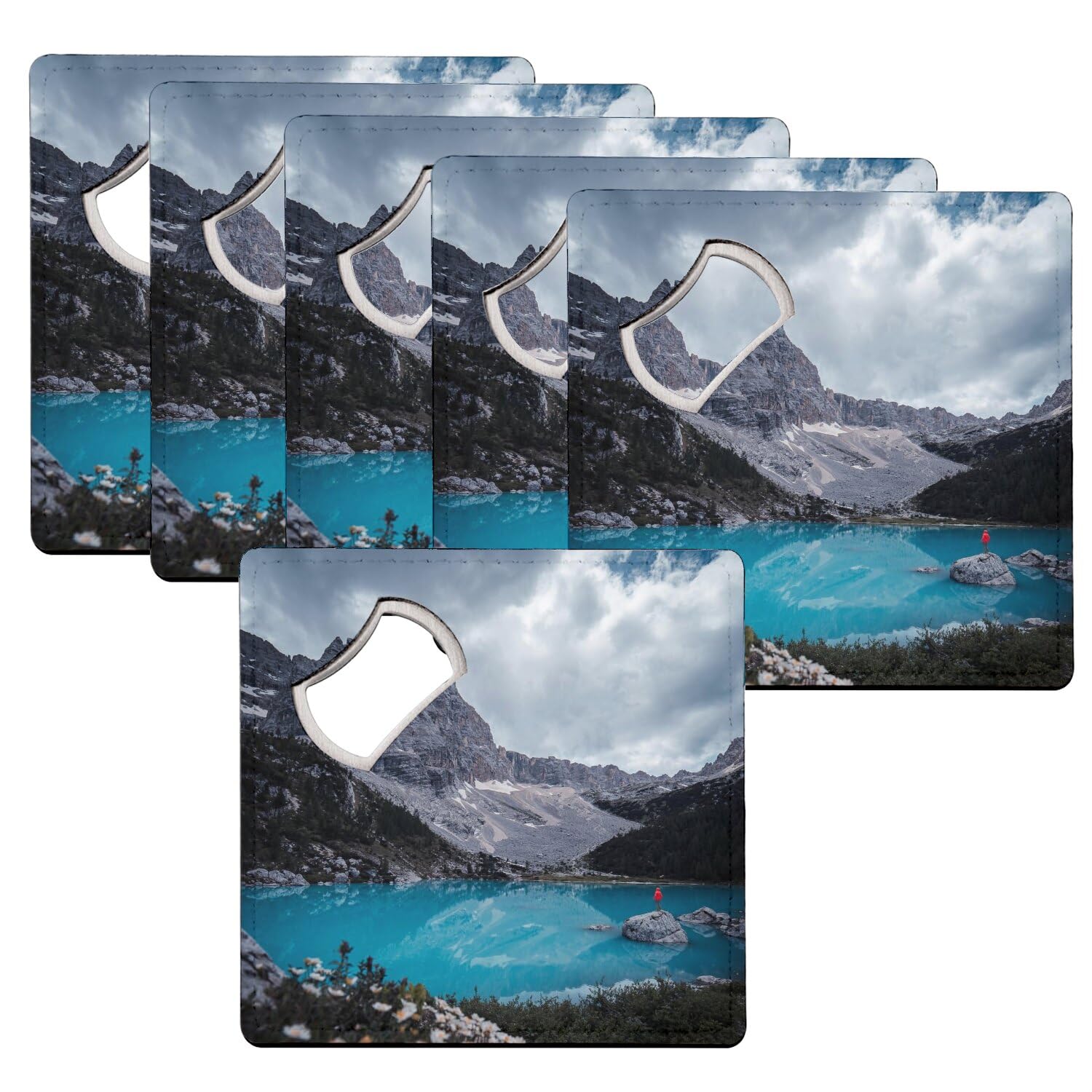 Sous-verre décapsuleur Lac de Dolomies Italie Alpes, lot de 6 dessous de verre 92x92mm