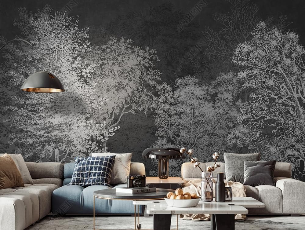 Papier peint intissé abstrait forêt pour masquer les défauts du mur de salon sombre