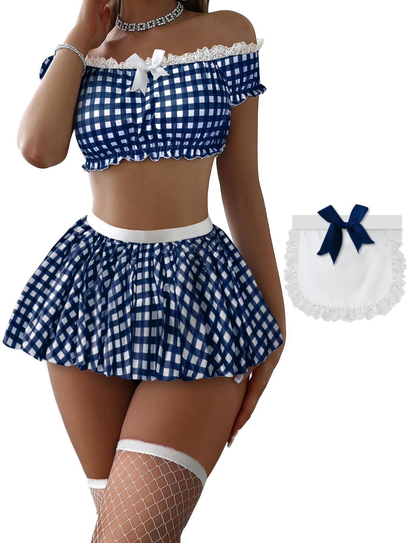 Foxiny Sexy Stockings Mini Skirt Mesh Sheer Lace Halloween Costume Maid Outfit Lingerie with Thong Set 4 Piece: Small Checkered Blue