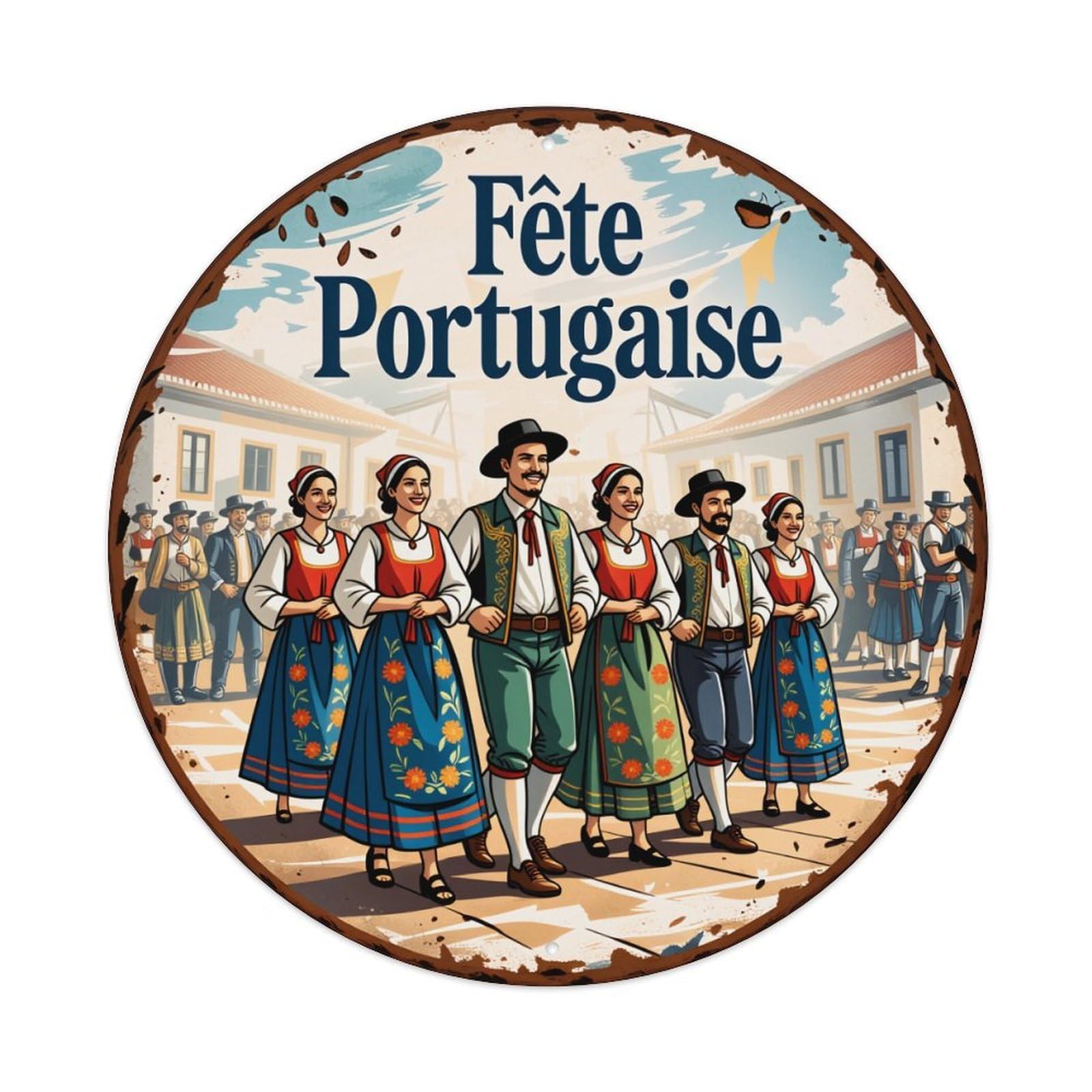 Traditional Portuguese Folk Dance Scene Vintage Metal Tin Sign Retro Wall Decor for Home Bar Garage Cafe, Indoor & Outdoor Decorative，circle Metal Poster, 8x8 Inch