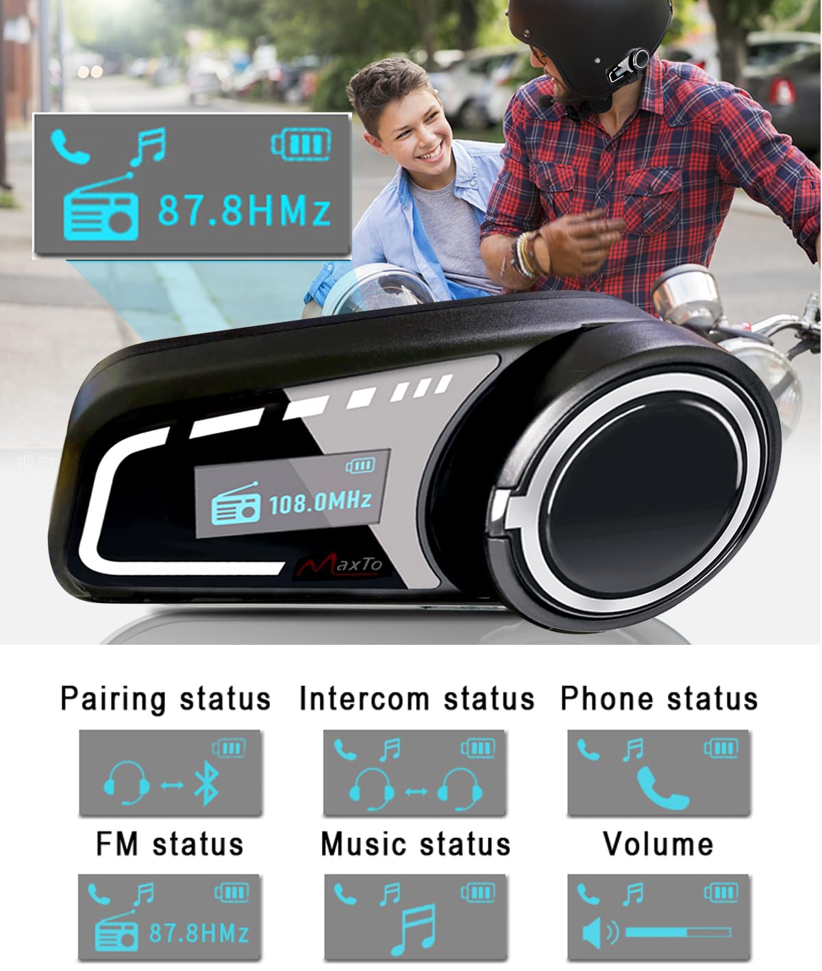 QSPORTPEAK M2C Domofon motocyklowy, zestaw słuchawkowy Bluetooth z FM, Bluetooth 5.0 słuchawki do kasku obsługuje 6 osób mówiących w tym samym czasie w ciągu 1000 metrów, bezprzewodowy uniwersalny