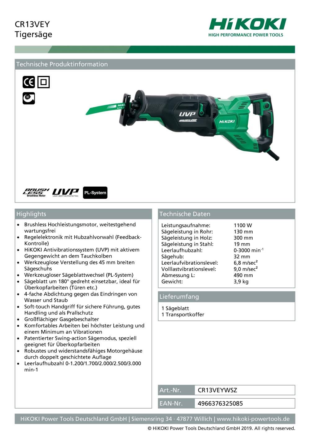 HIKOKI CR13VEYWS - Sierra de sable motor motor Brushless 1100W 0-3000 rpm CR13VEYZ
