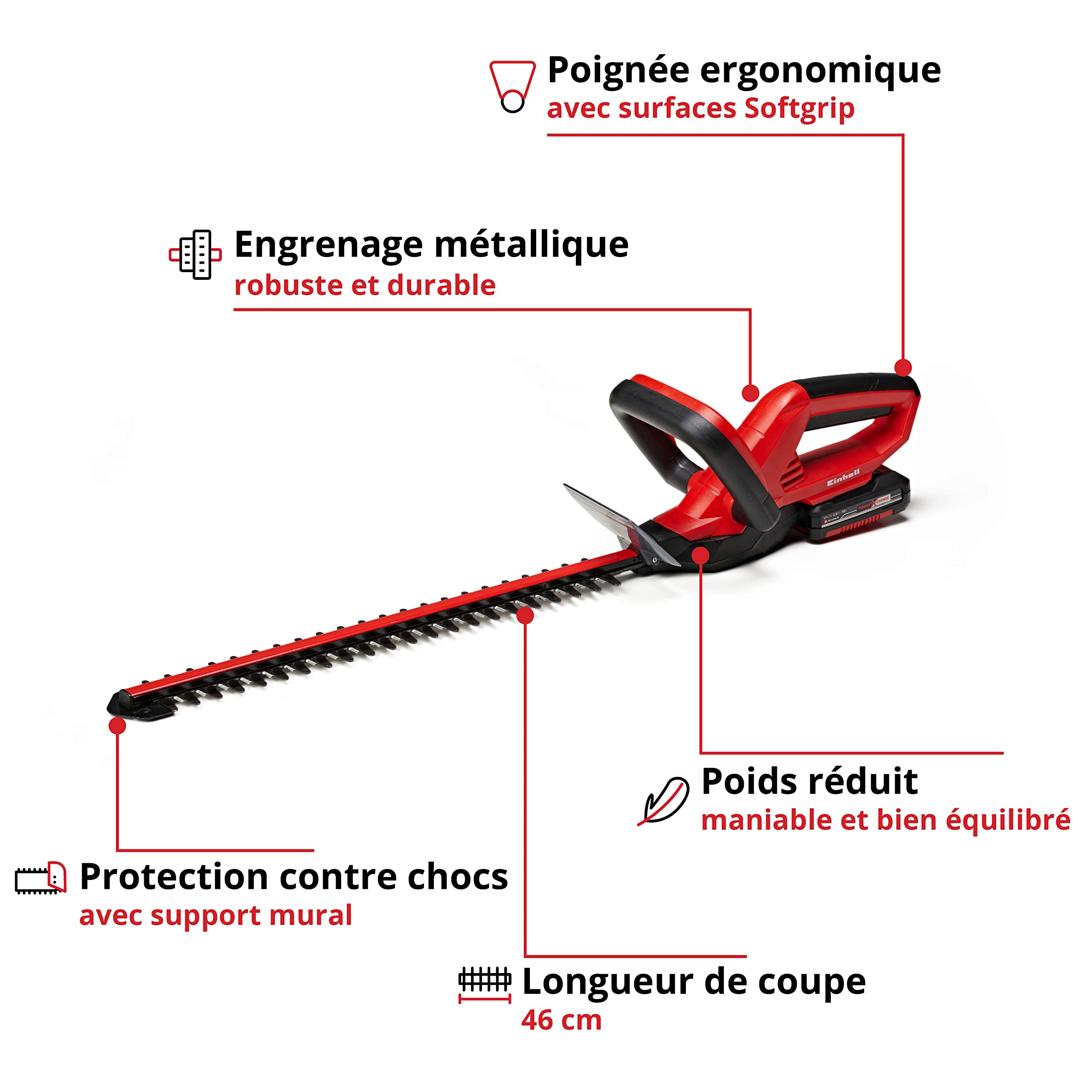 Einhell Taille-Haies sans Fil GE-CH 1846 Li Kit Power X-Change (18 V, 2,0 Ah, Longueur de Coupe 46 cm - Longueur de Lame 52 cm, Epaisseur de Coupe 11 mm) Livré avec Batterie 2,0 Ah et Chargeur