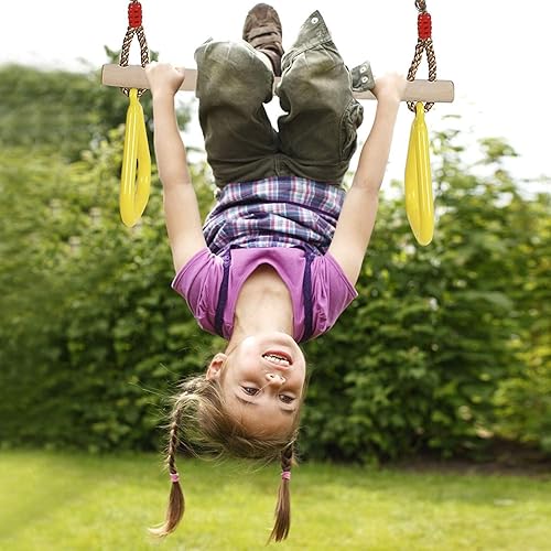 Miniatura 16 de PELLOR Juego de columpios de trapecio de madera para niños con anillos de gimnasio de plástico para diversión en interiores y exteriores Rojo