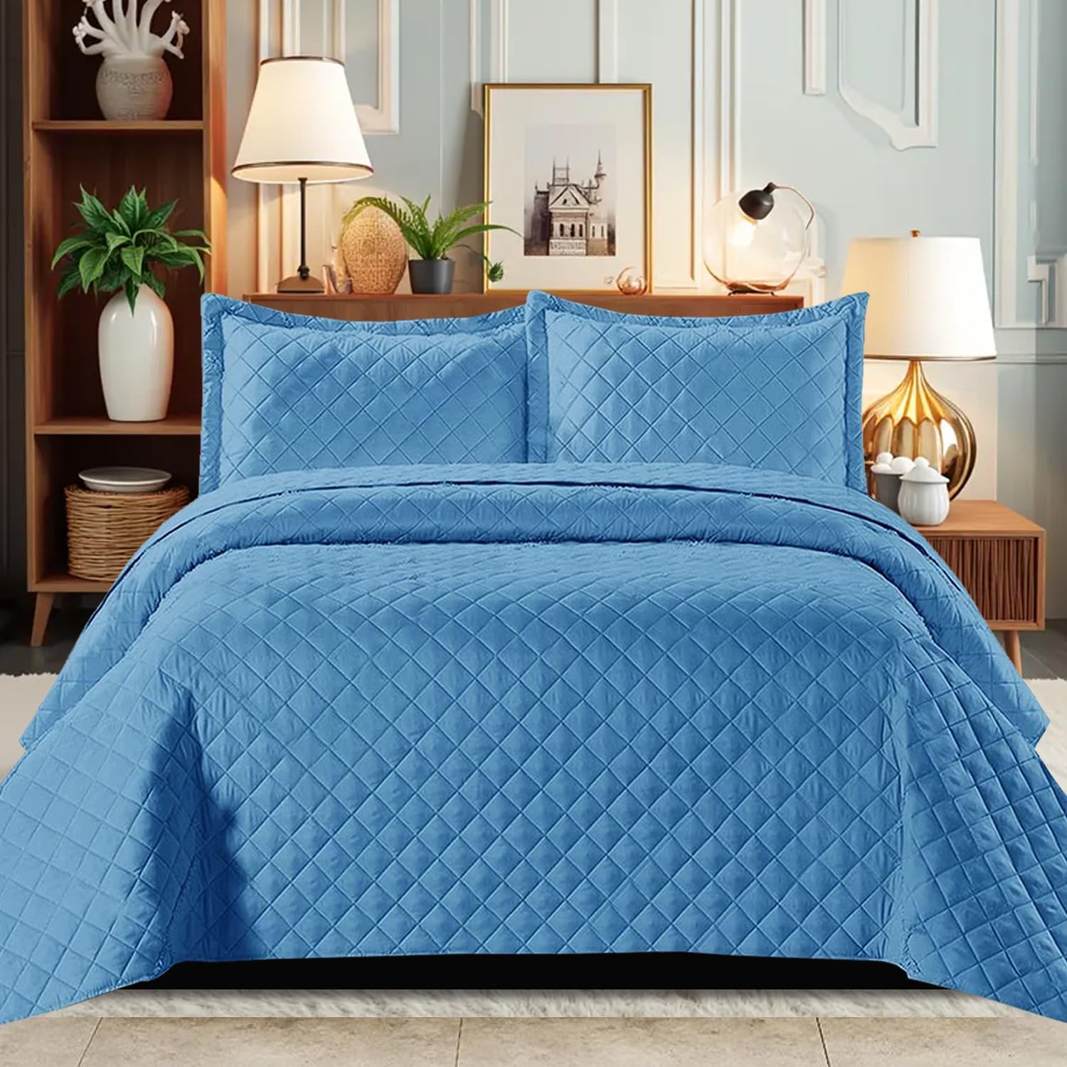 B&B Quilted Bedspread Bed Throws - Luxury Embossed Diamond Check Pattern Reversible Quilt Bedspreads Coverlets for Bedroom Decor with Matching Pillow Shamss (Double, Blue)