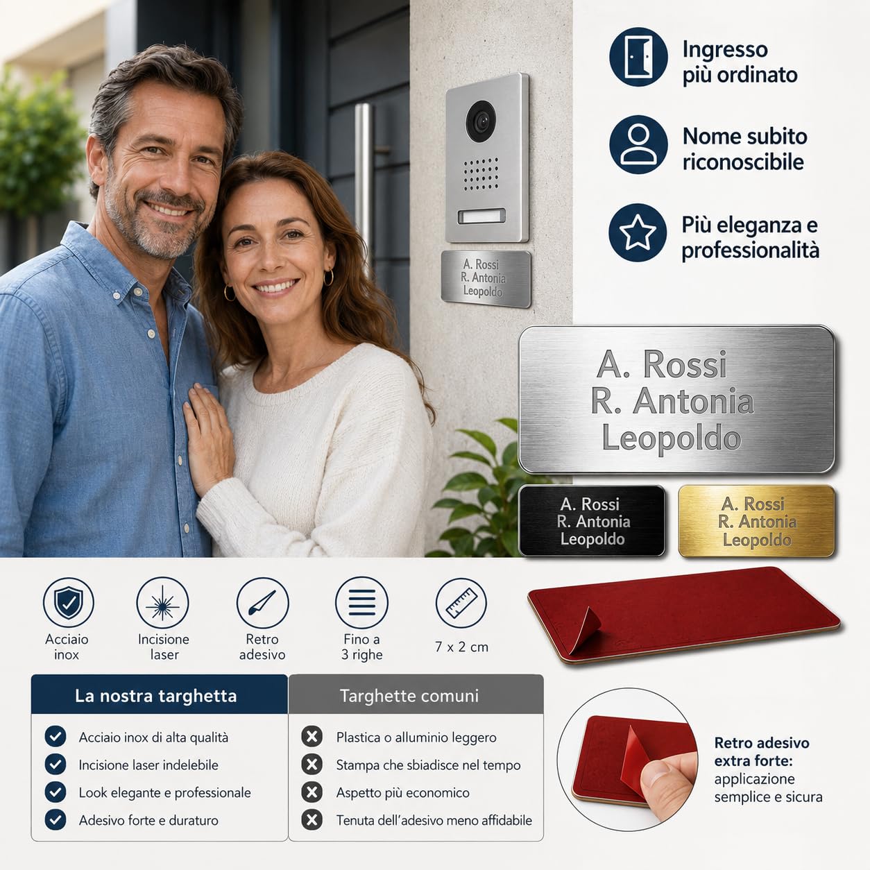 Targhetta Citofono Esterno Personalizzabile - Adesiva, in Acciaio Inox - Incisione Laser - Targhetta Personalizzata per Casa, Porta Ingresso, Armadietti, Cassetta Postale - 7x2cm (Oro)