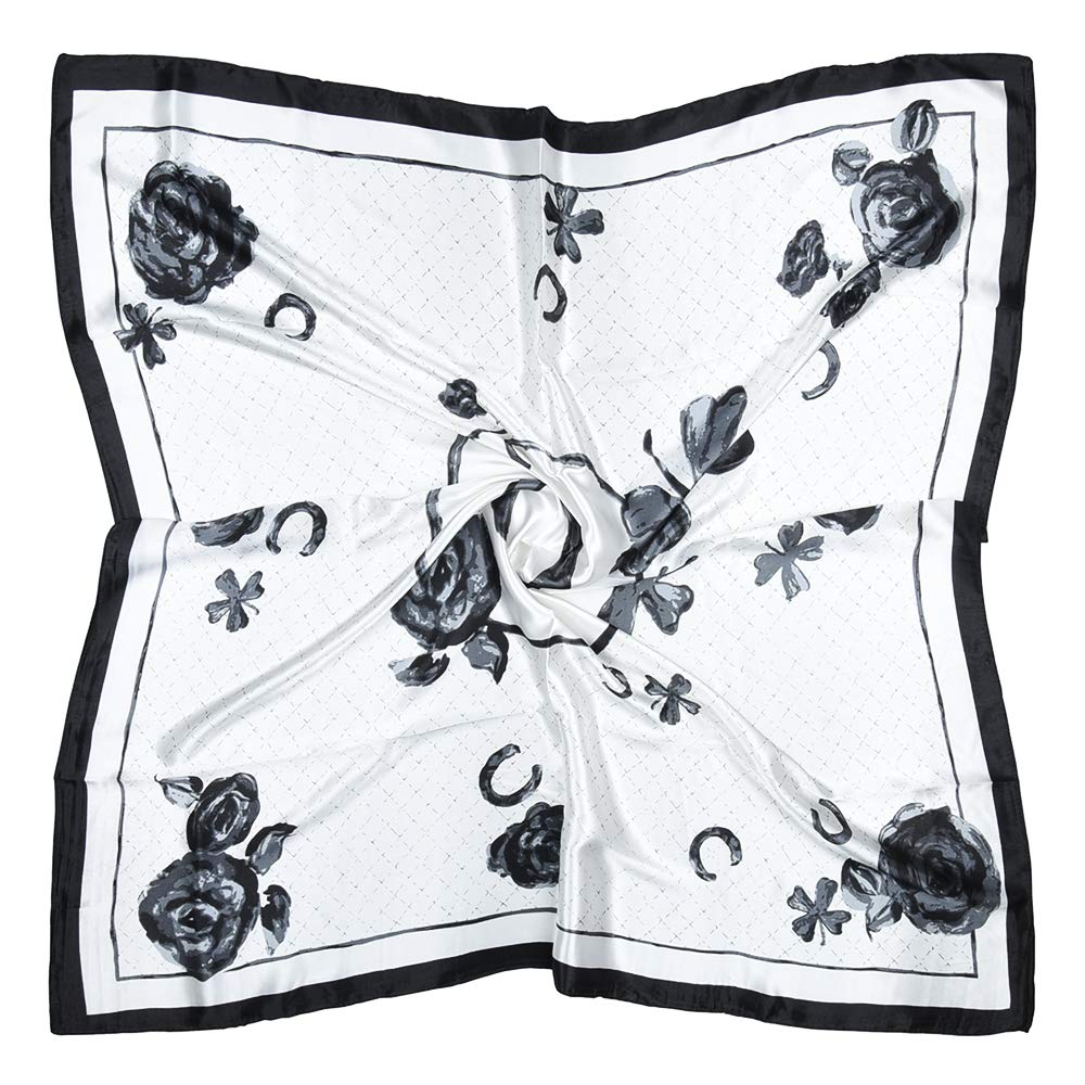 Vabovin Women's 003 White Black Flowers Large Satin Square Headscarf 35" Silk Feeling Scarf For Hair Wrapping At Night (White Flowers Pattern)