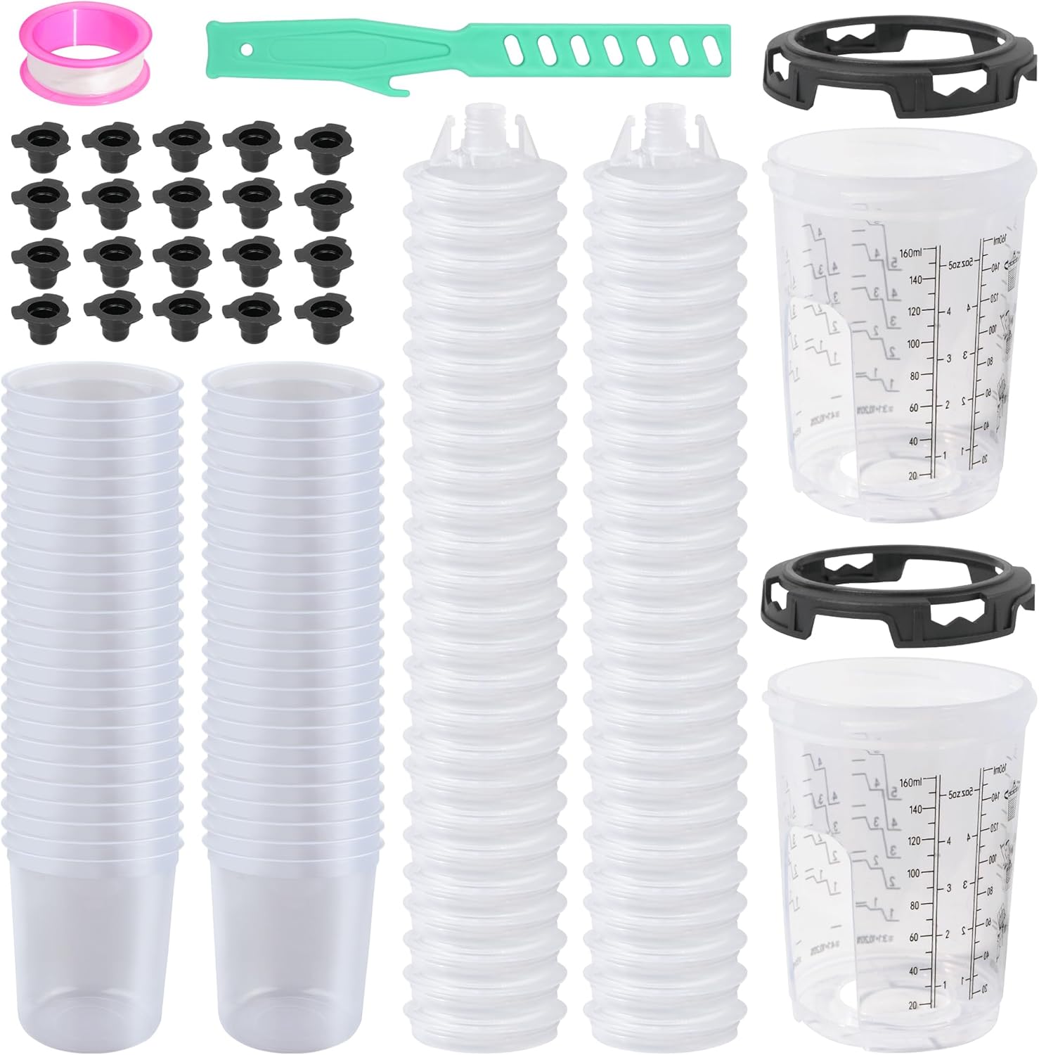 Disposable Paint Gun Cups Kit, 6oz (160ml) - 50 Cups with Lids, 2 Hard Cups & Retainer Rings, 1 PTFE Tape for HVLP Spray Guns