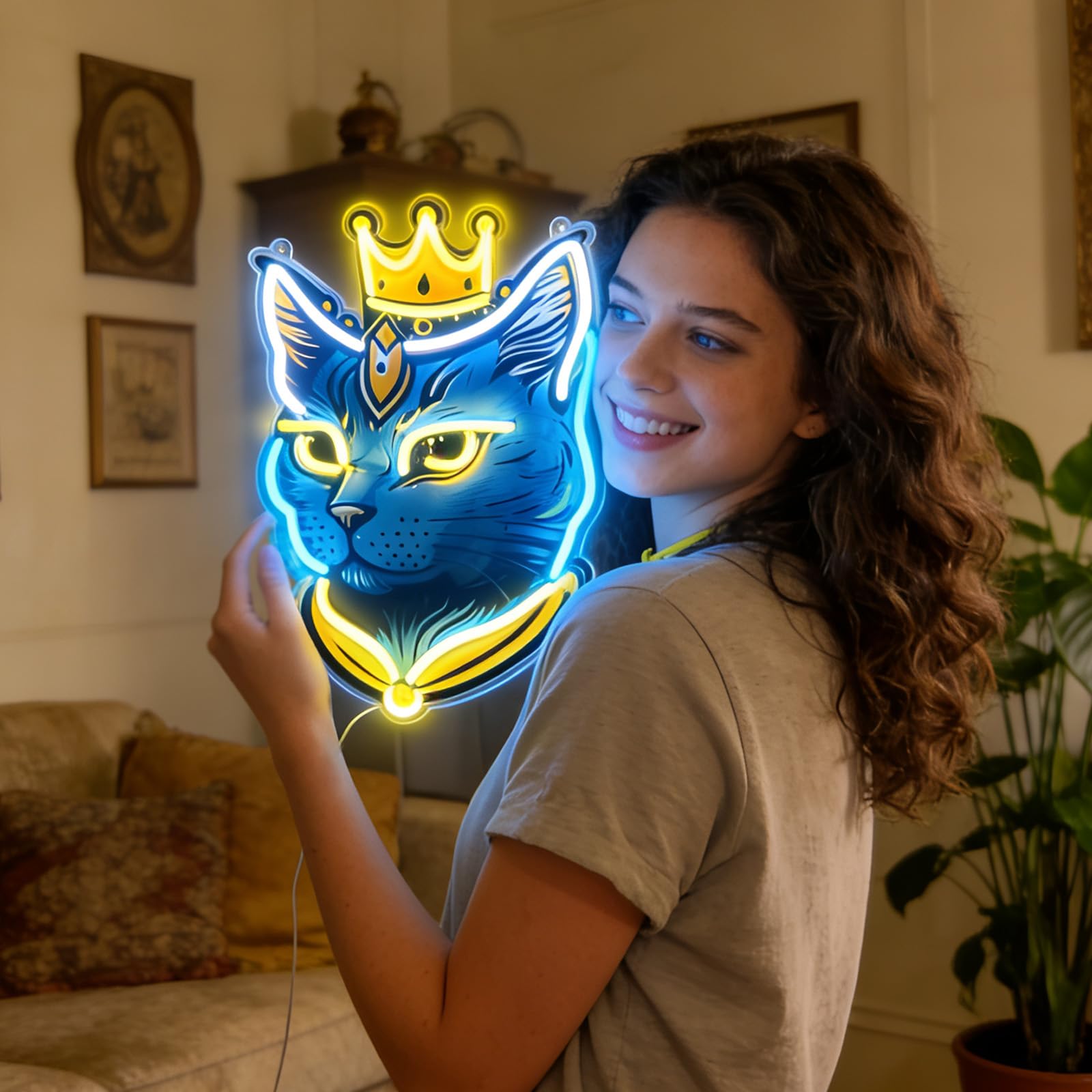 Targa al neon Cat King, regalo per gli amanti dei gatti, decorazione da parete, decorazione per dormitorio, 190 cm, alimentazione USB con regolazione della luminosità a 9 livelli, facile installazione
