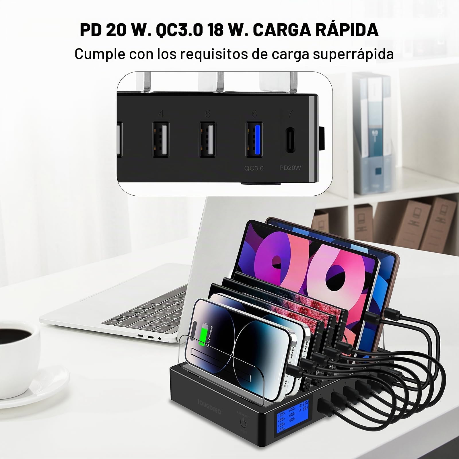 Estación de carga rápida PD20W QC3.0 con múltiples puertos USB, estación de carga 7 en 1 para múltiples dispositivos con pantalla LCD compatible para iPhone, iPad, Samsung, Huawei y más (Negro)