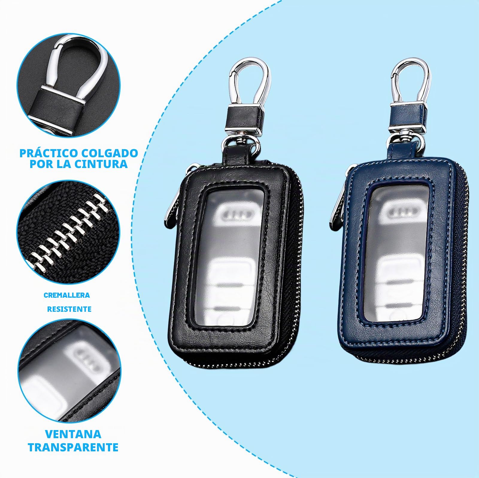 HOMURY 2 llaveros de coche: estuche llavero vintage de piel con cremallera y mosquetón, protección llavero, bolsa llavero universal (negro, azul real)