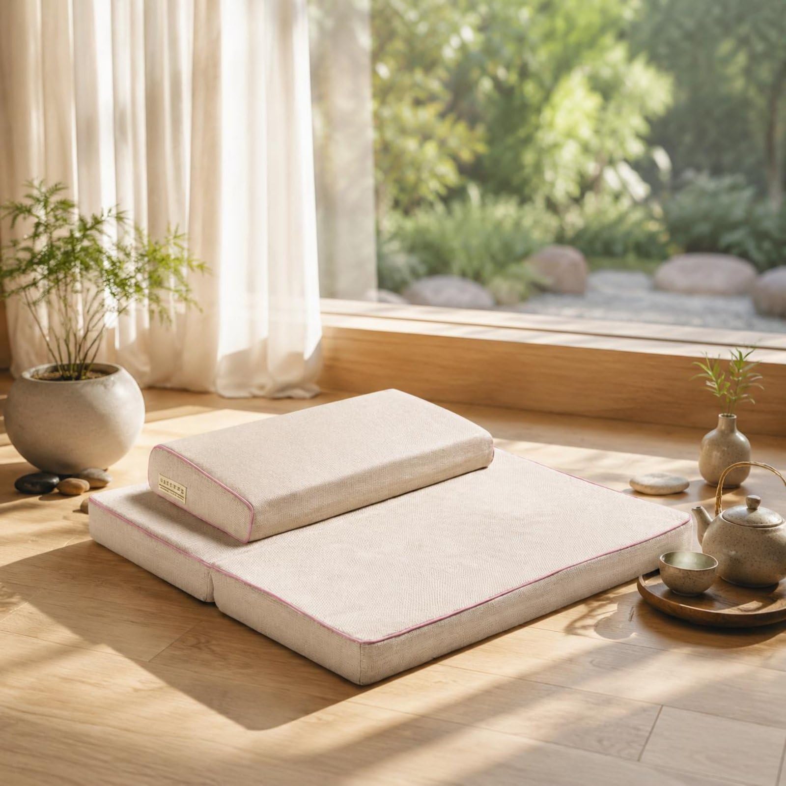 predolo Cuscino Meditazione con Tappeto Tessuto Set da Meditazione Cuscino da Rotondo Tappetino Portatile, Beige Con Ricamo, 60×60cm Cuscino Superiore+Inferiore+Borsa