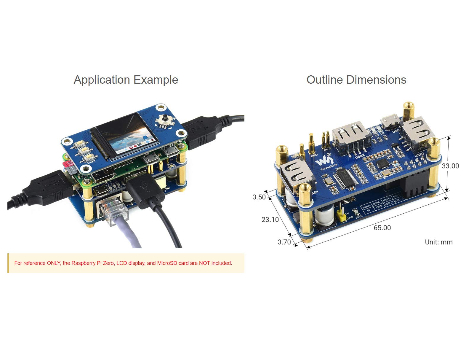 Waveshare PoE Ethernet/USB HUB Hat for Raspberry Pi Zero/Zero W/4B/3B/3B+, 3X USB 2.0 Ports 802.3af-Compliant