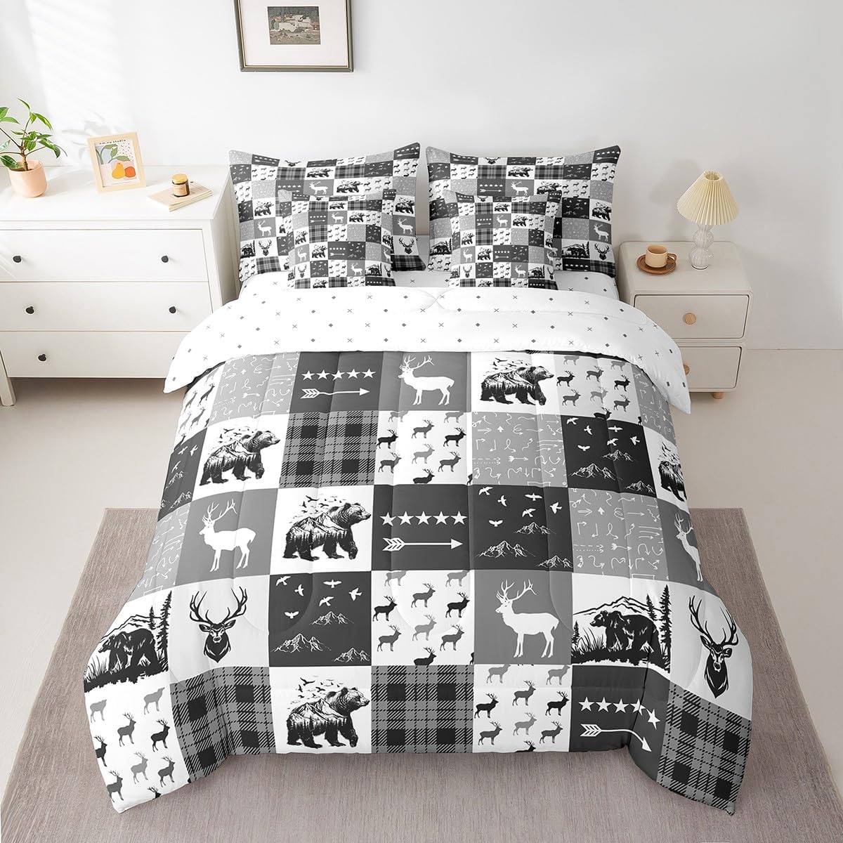 Rustic Bear Deer Elk Reversible Comforter Set 7 Piece Twin Size,Black Grid Lattice Bed Sheet Set Hunting Theme Comforter Retro Wild Animal Bedding Set with Comforter,Fitted & Flat Sheet,Pillowcase