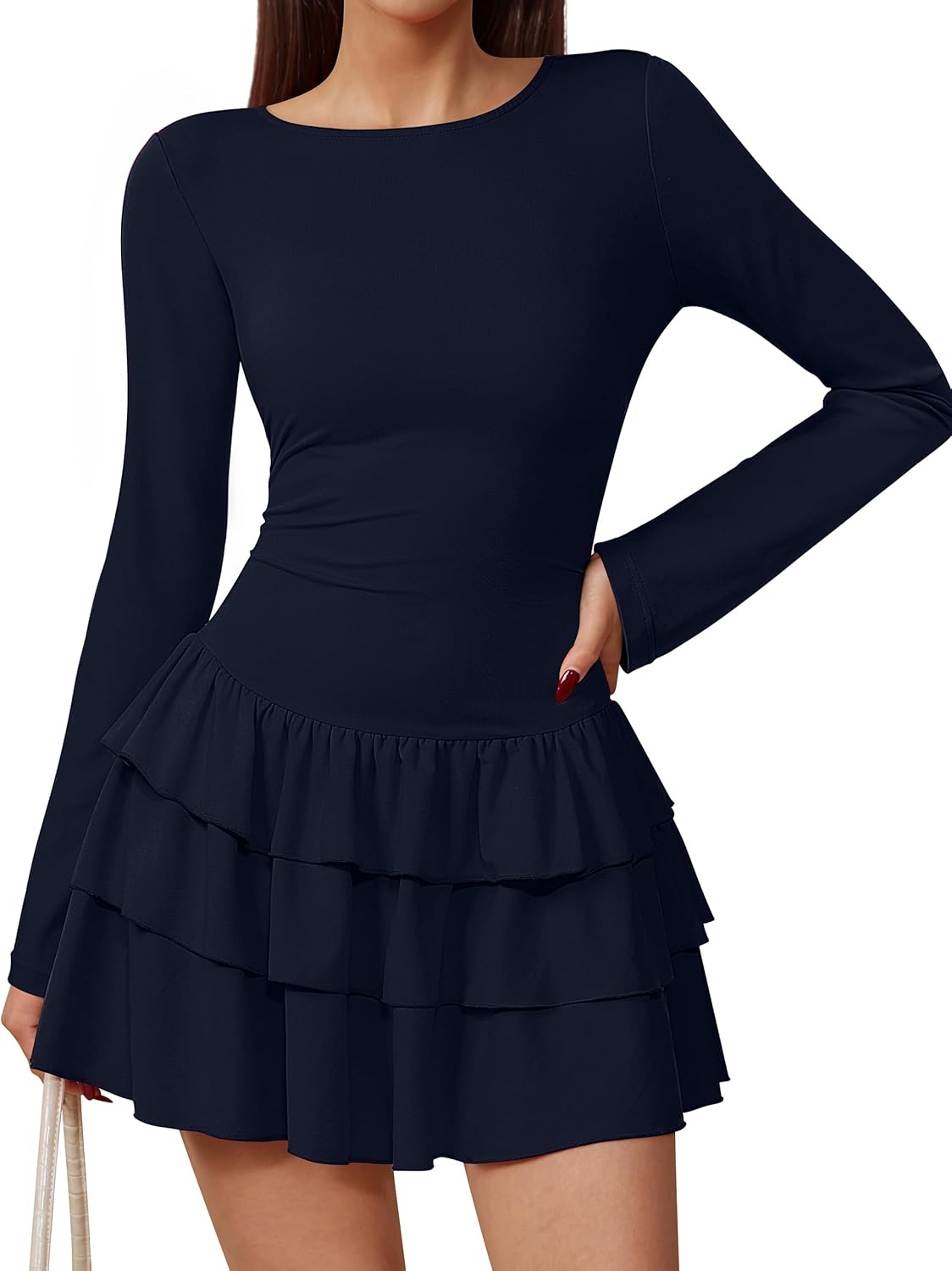 Women's Long Sleeve Boat Neck Tiered Ruffled Bodycon Slim Fit Party Club Mini Dress