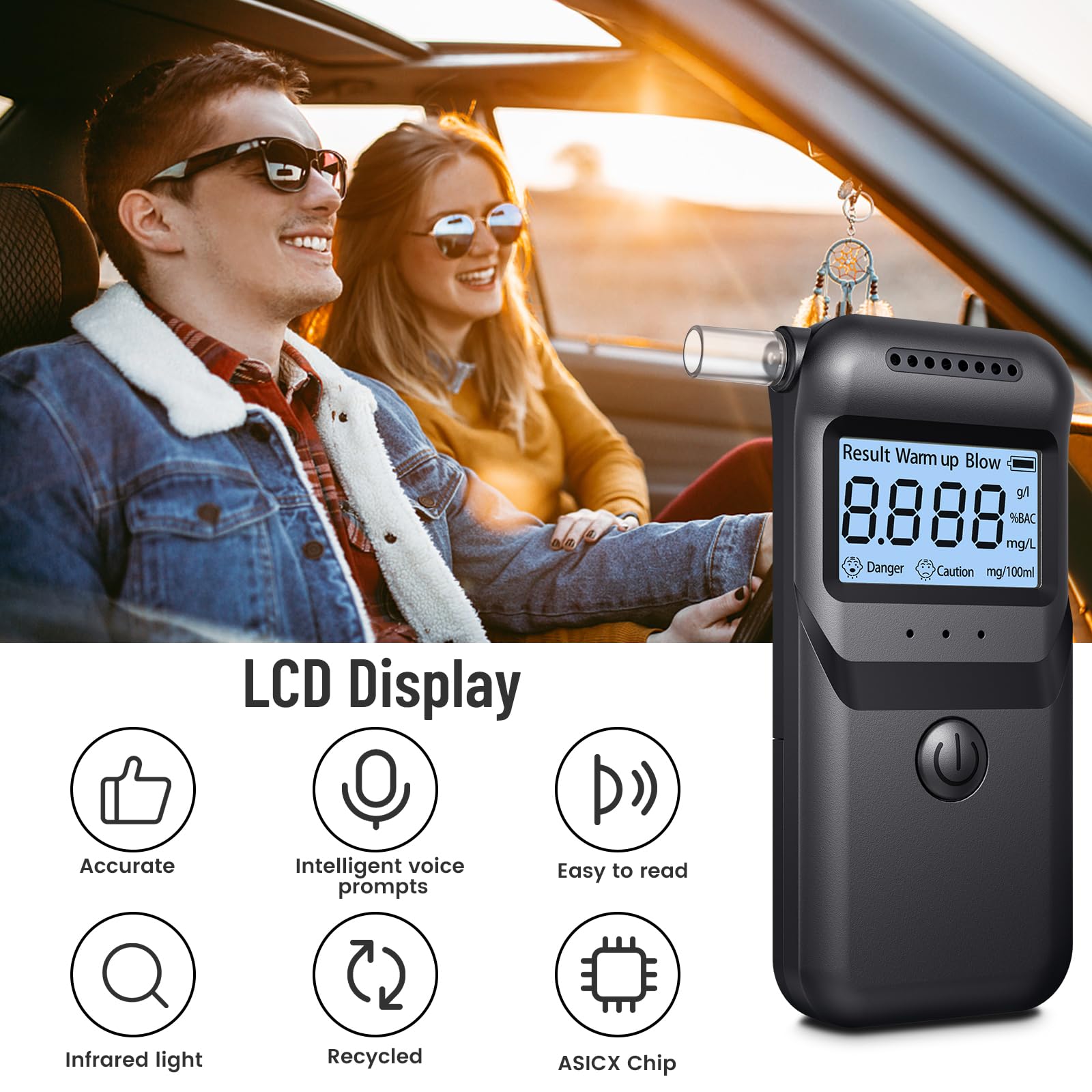 FIVAVA Alcoholimetro Digital Homologado, Alcoholímetro Alcohol Test | Precisión ±0,01% | Portátil LCD Digital | 20 Boquillas Reutilizables | Test Alcoholemia Uso Doméstico/Profesional