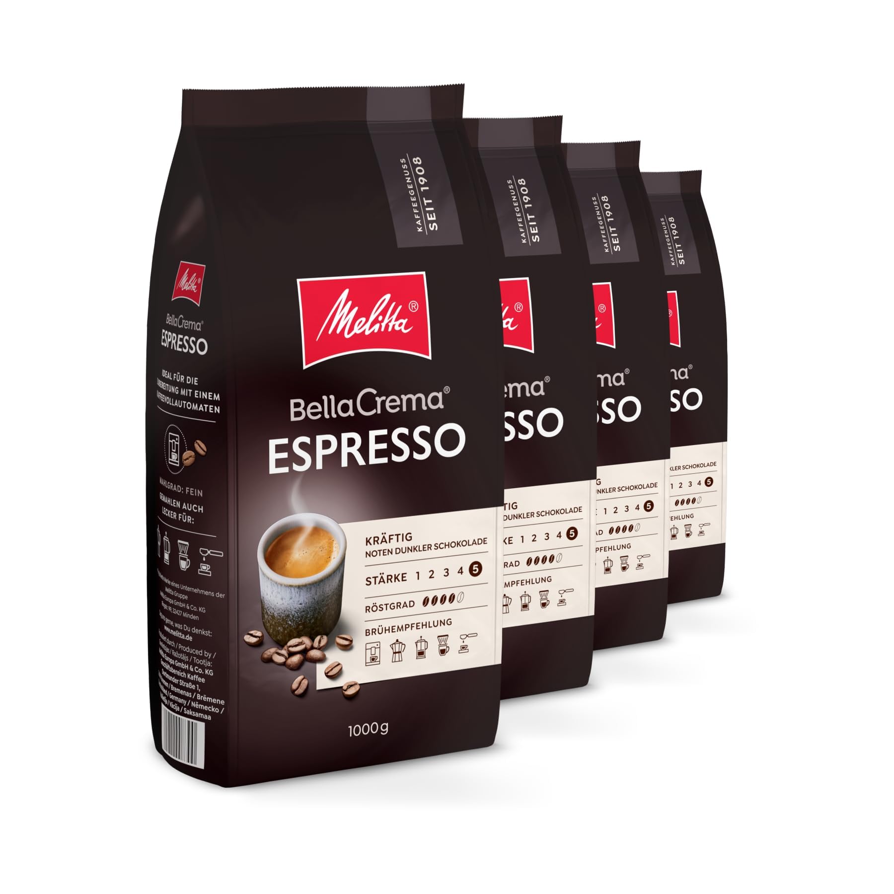 Melitta BellaCrema Espresso Ganze Kaffee-Bohnen 4 x 1kg, ungemahlen, Kaffeebohnen für Kaffee-Vollautomat, kräftige Röstung, geröstet in Deutschland, Stärke 5, im Tray | Kräftig mit Noten von dunkler Schokolade, dunkle Röstung, geeignet für Vollautomaten