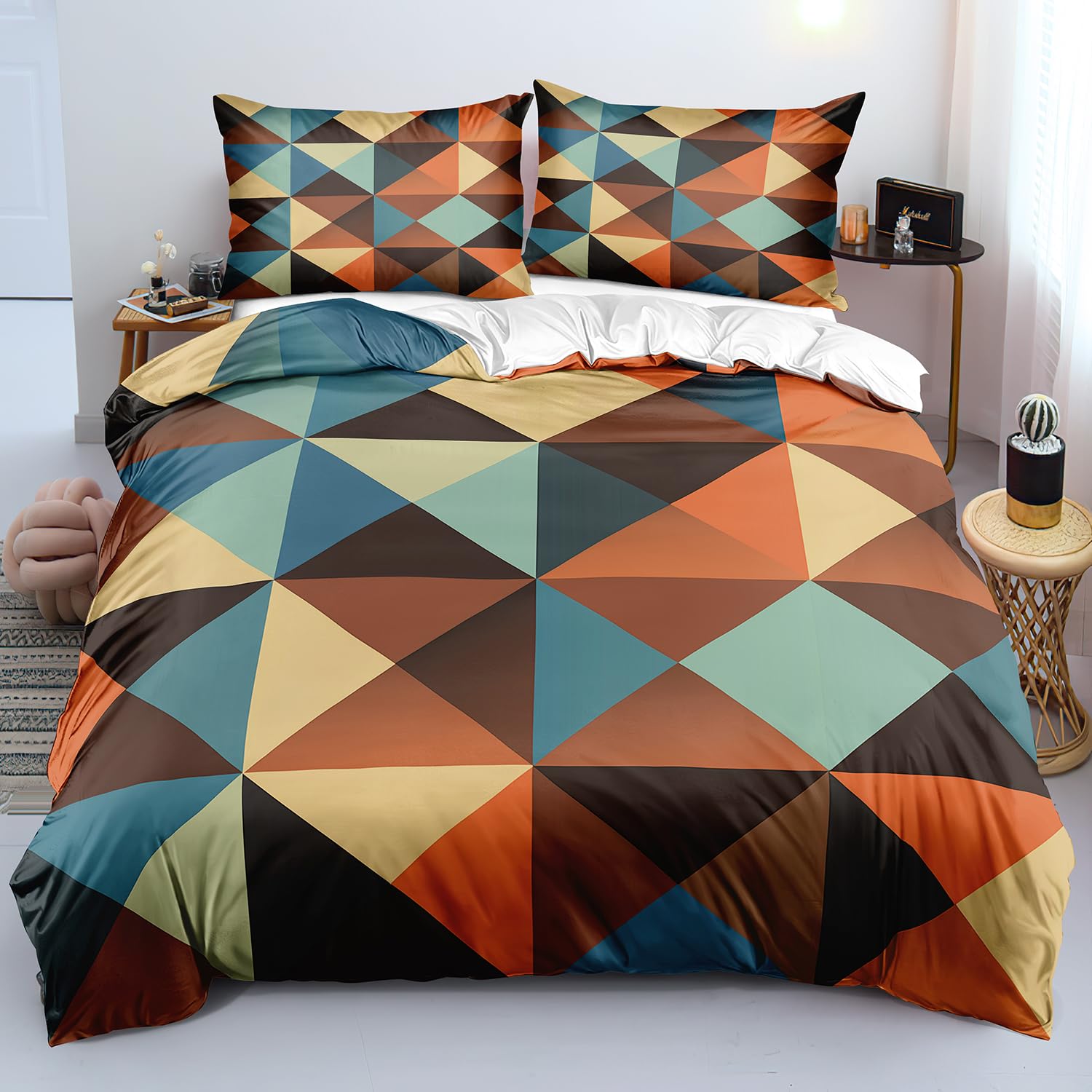 Housse de couette 140x200 triangles colorés rétro pour lit 1 place moderne
