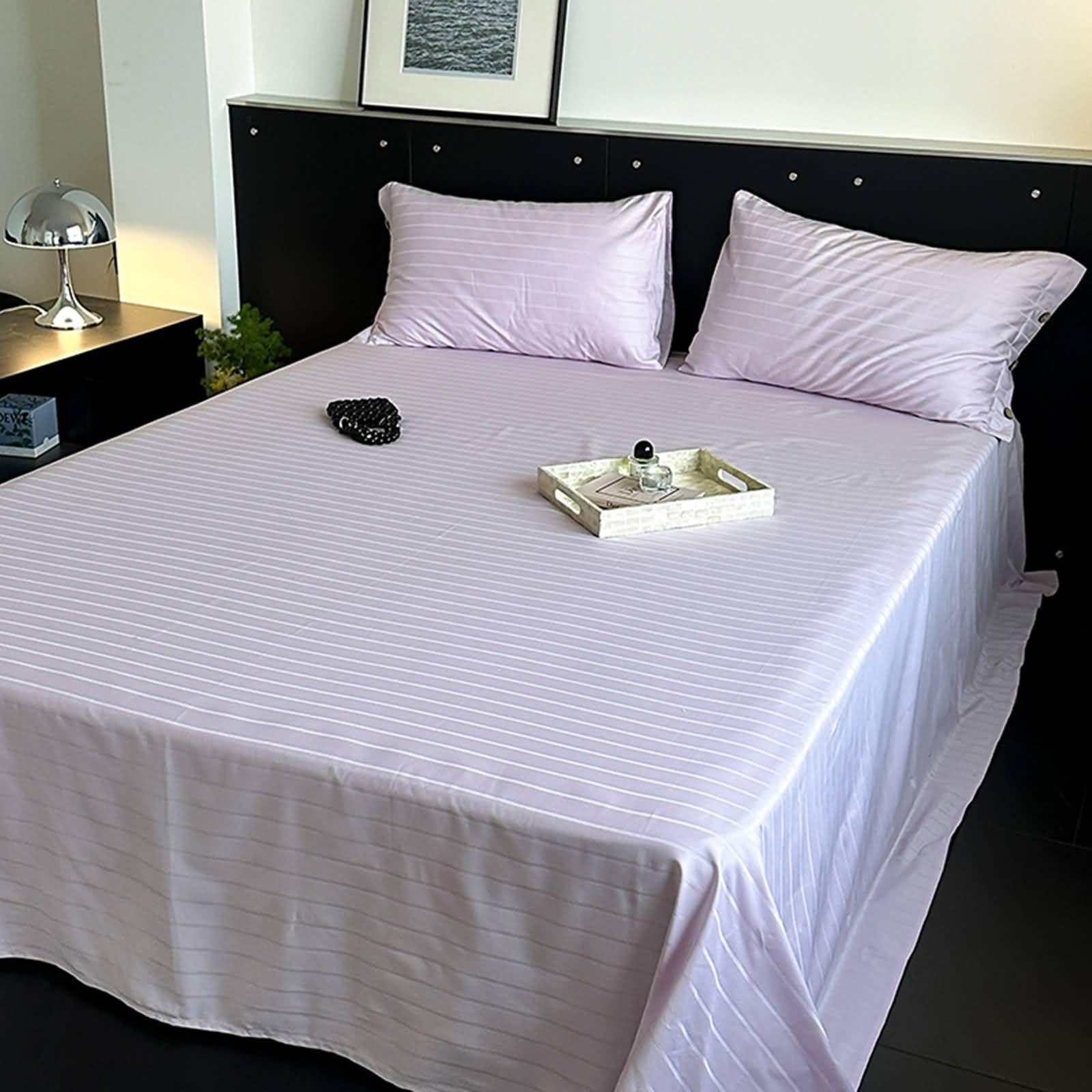 Sábanas de algodón, sábana encimera a rayas, fácil cuidado, morado, Super King (230 x 250 cm)