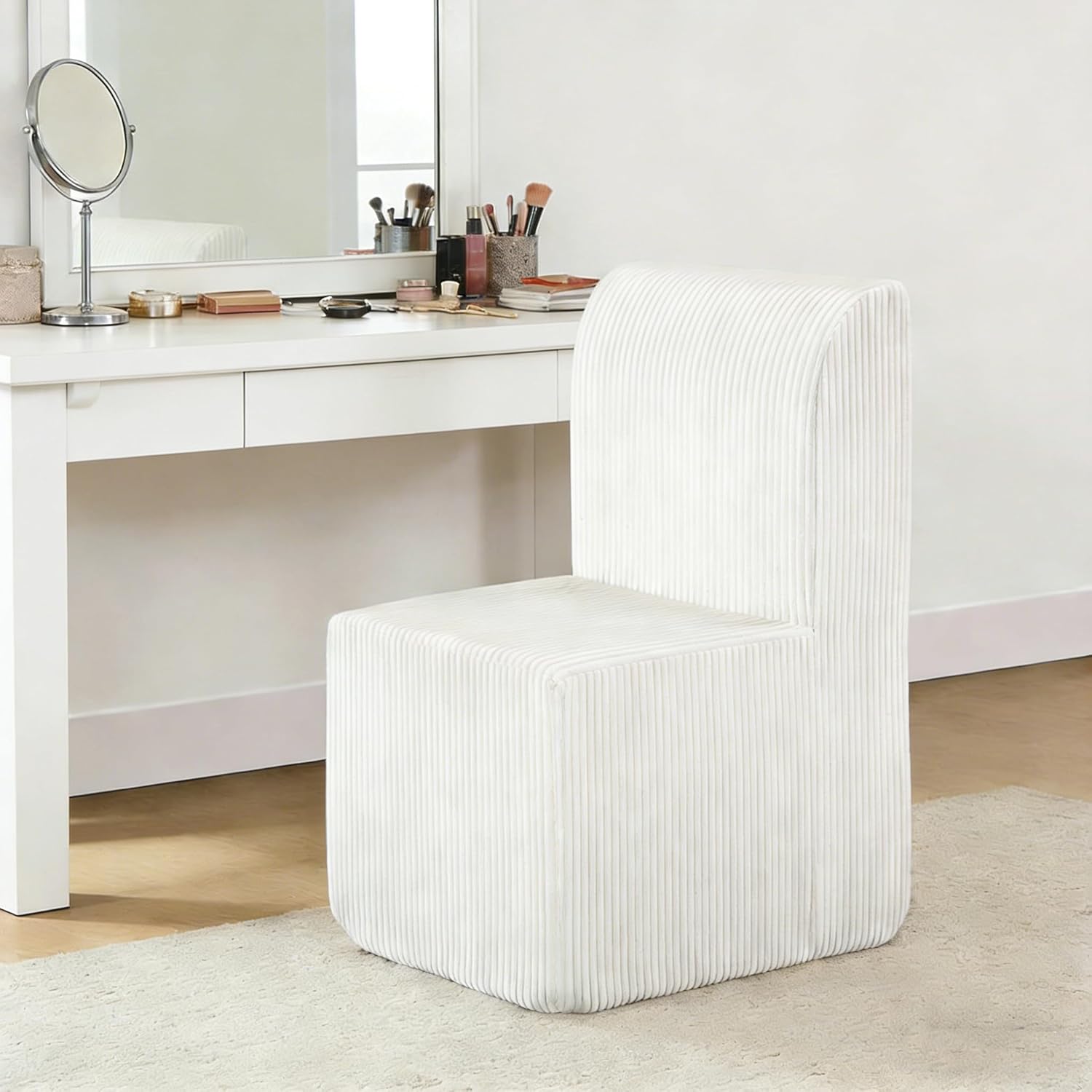 SSLine Modern Upholstered Vanity Chair Elegant Beige Linen Makeup Desk Chairs for Girls Women Armless Single Sofa Chair for Living Room Bedroom,Fully Assembled（Set of 1）