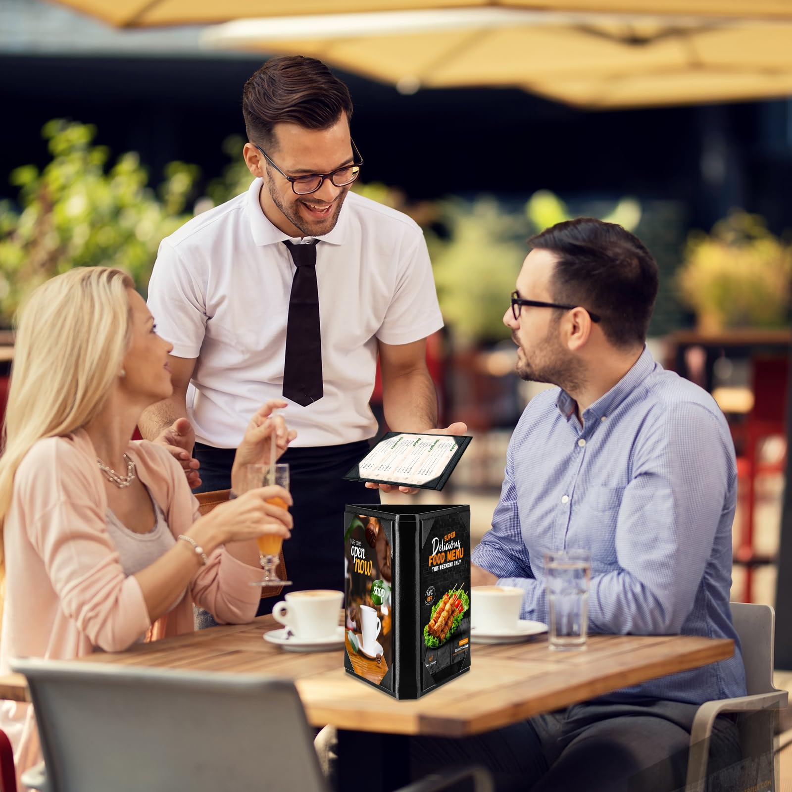 Paquete de 5 soportes triangulares de cuero sintético para menú, cubiertas de menú de piel sintética negra, soportes para letreros de menú de 3 lados para bar, restaurante, cafetería, boda (3