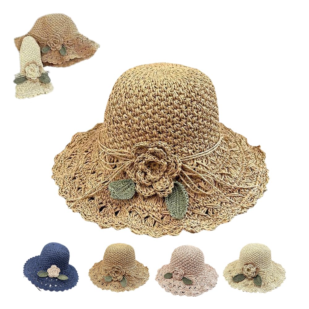 HILOST Sombreros de paja para mujer, elegante sombrero de paja de ganchillo con detalle de volantes, sombreros plegables de ganchillo para playa de verano con protección solar