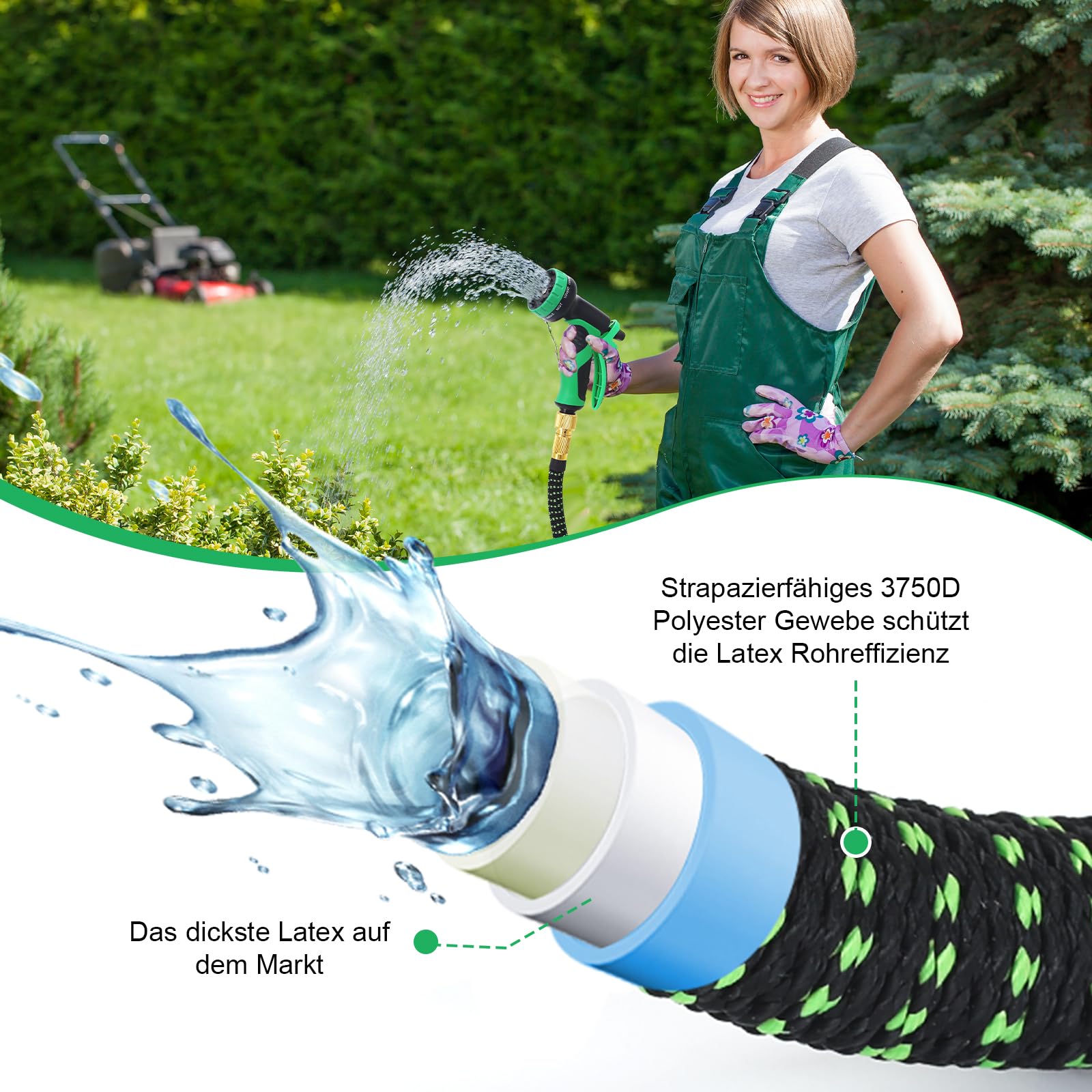 Flexibler Gartenschlauch 15m/50FT,knickfrei,Garden Hose Schlauch mit 10-Funktions-Spray,Strapazierfähiger 3 lagiger Latex Wasserschlauch 3/4 Zoll und 1/2 Zoll