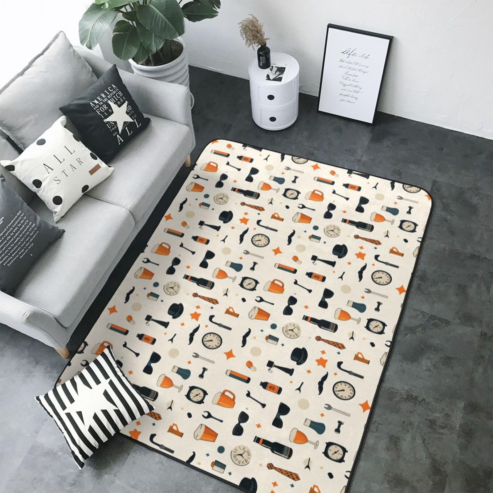 Grand tapis doux pour salon motif horloge 203x147 cm lavable