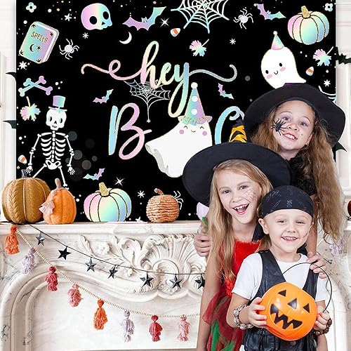 Miniatura 2 de Avezano Hey Boo - Telón de fondo de Halloween para niños, lindo fantasma, decoración de fiesta de Halloween, cartel espeluznante de Little Boo Fondo
