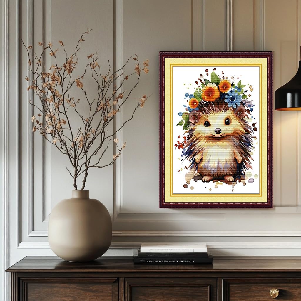 CROSSDECOR Stamped Cross Stitch Kits,Full Range of Cross-Stitch Needlepoint Kits for Beginners,Embroidery Kit Arts and Crafts for Home Wall Decor Gifts-Pretty Hedgehog 32×43cm
