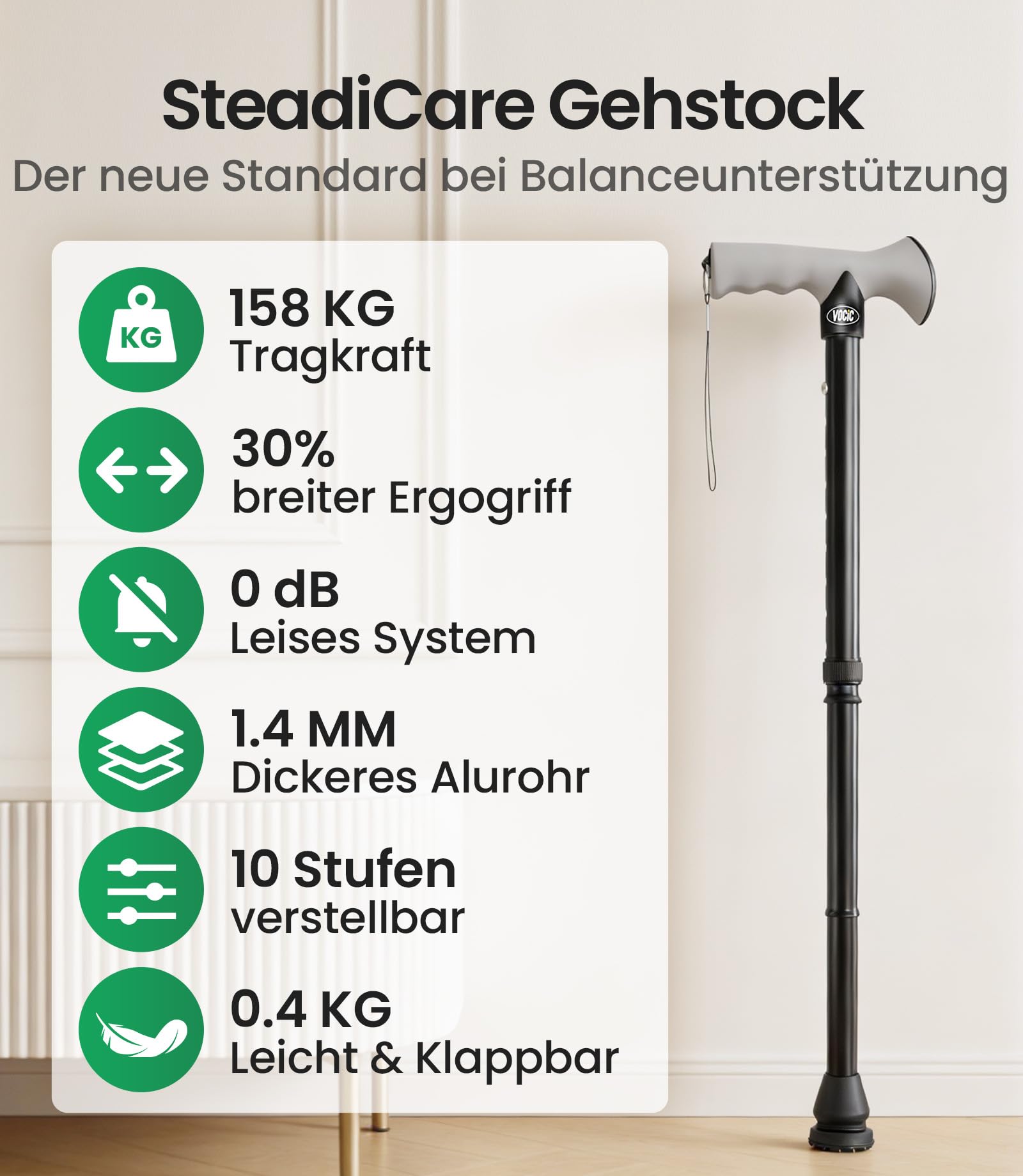 VOCIC G01 Gehstock für Herren und Damen,10-Fach verstellbar,158kg Tragkraft | Spazierstock klappbar mit stoßdämpfender Spitze & praktischer Reisetasche,Gehhilfe für Senioren & Erwachsene, Tiefschwarz