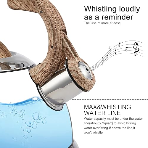 Miniatura 4 de Creative Home - Tetera silbante de acero inoxidable de 2.3 cuartos de galón con mango ergonómico de goma de madera, acabado satinado