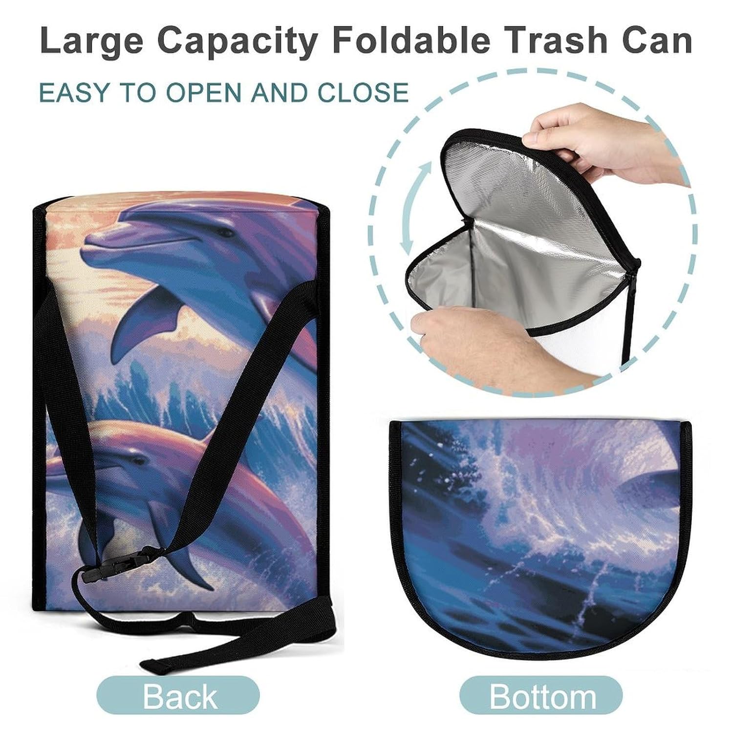 MUSM Leakproof Car Trash Can 2.5 Gallon, Durable Automotive Garbage Bag with Waterproof Liner, Dolphins Art Trash Bag for Car, Truck, RV & Bathroom
