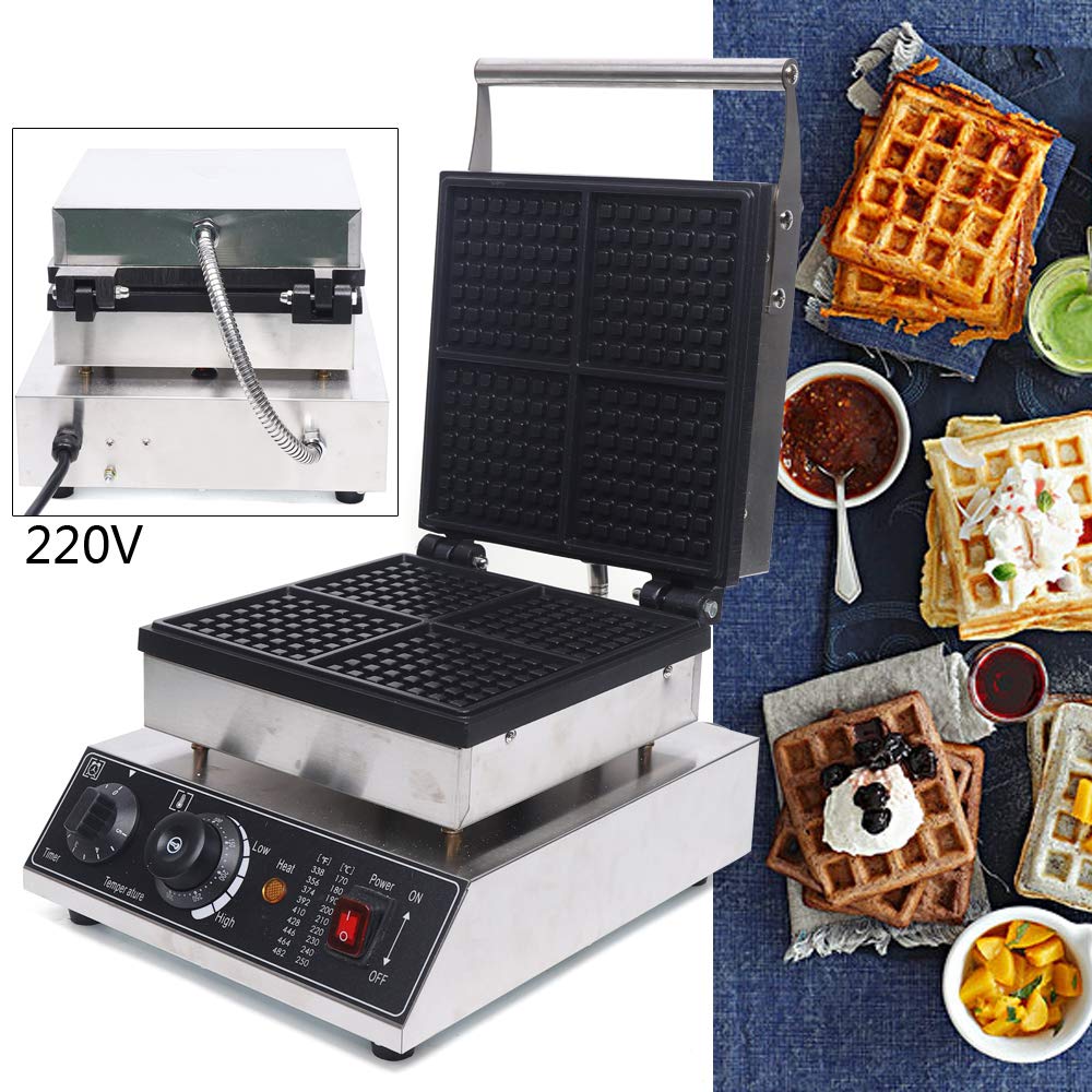 Gofrera, Máquina de gofres comercial con revestimiento antiadherente Temperatura ajustable 4 obleas 1750 W
