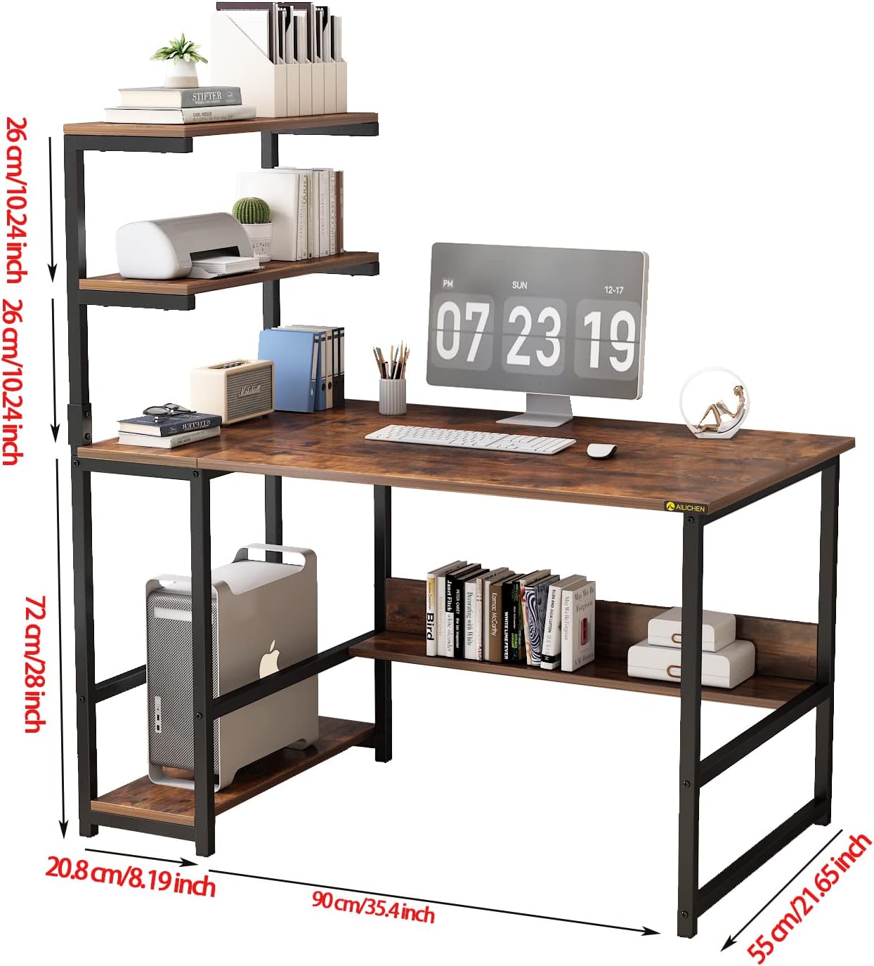 ALISENED Computer Desk with 4-Tier Storage Shelves, 43.3 inch Modern Large Office Desk Computer Table Studying Writing Desk Workstation with Bookshelf and Tower Shelf for Home Office
