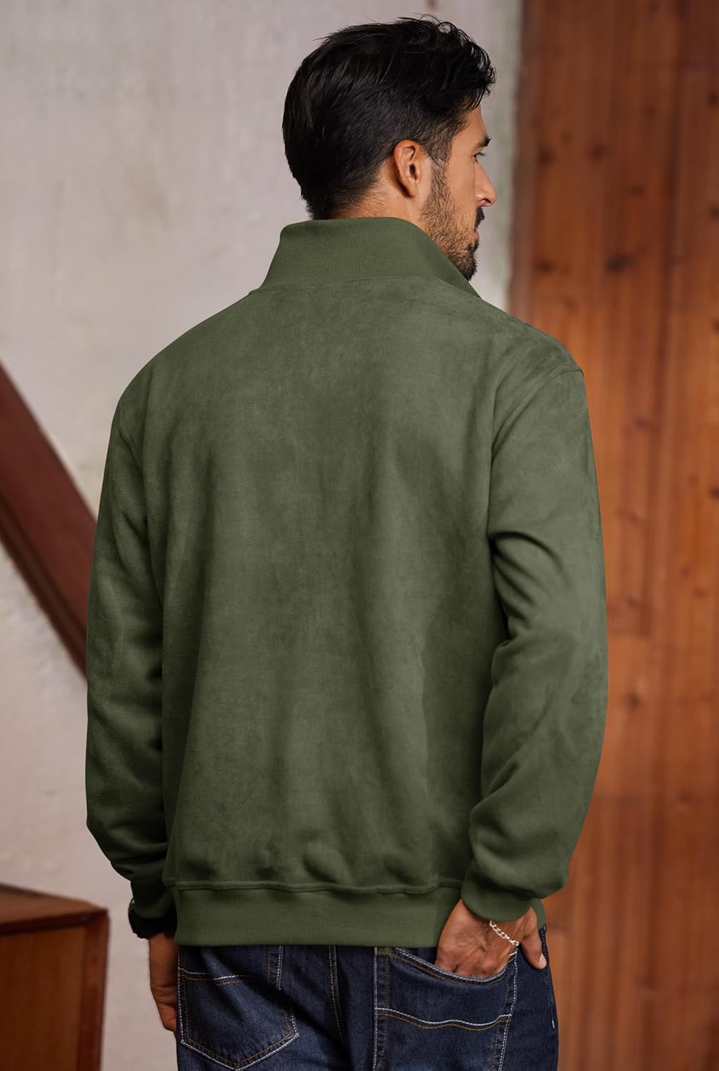 Mens Western Quarter Zip Pullover Midweight Mock Neck Suede Fabric Casual Sweatshirts (S-XXL)
