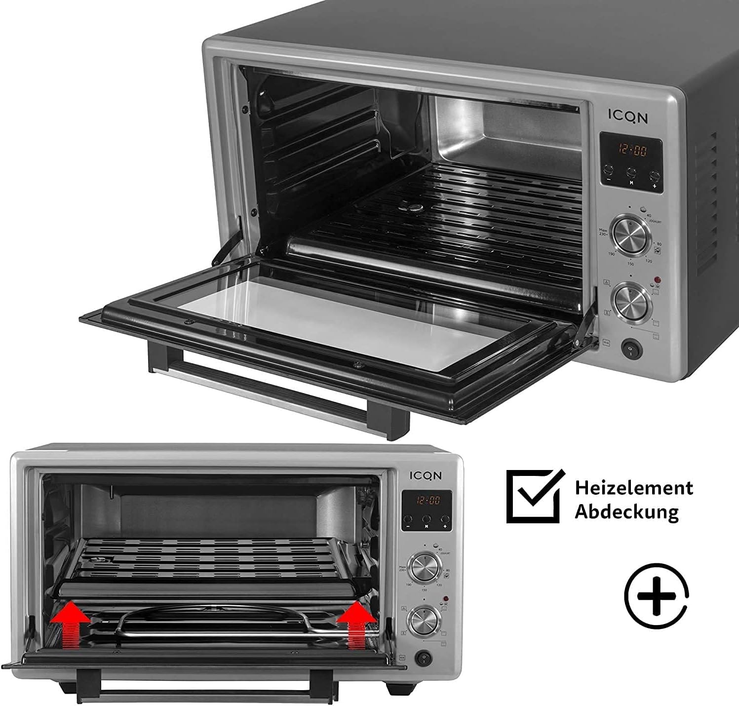 ICQN Mini forno da 42 Litri con 2 piastre di cottura con regolazione della temperatura indipendemente regolabile, Smaltato 3800 W, Illuminazione interna, 6 Funzoni di cottura, Forno per pizza ICQN Mini forno da 42 Litri con 2 piastre di cottura con regolazione della temperatura indipendemente regolabile, Smaltato 3800 W, Illuminazione interna, 6 Funzoni di cottura, Forno per pizza